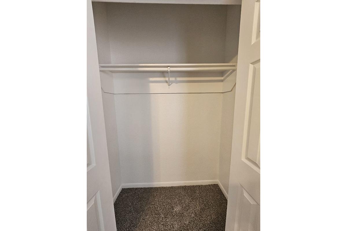 An empty closet with white walls and a carpeted floor. It features a single clothing rod mounted on the wall, with no items hanging. The closet has two white doors partially open, showcasing its minimalistic and tidy interior.