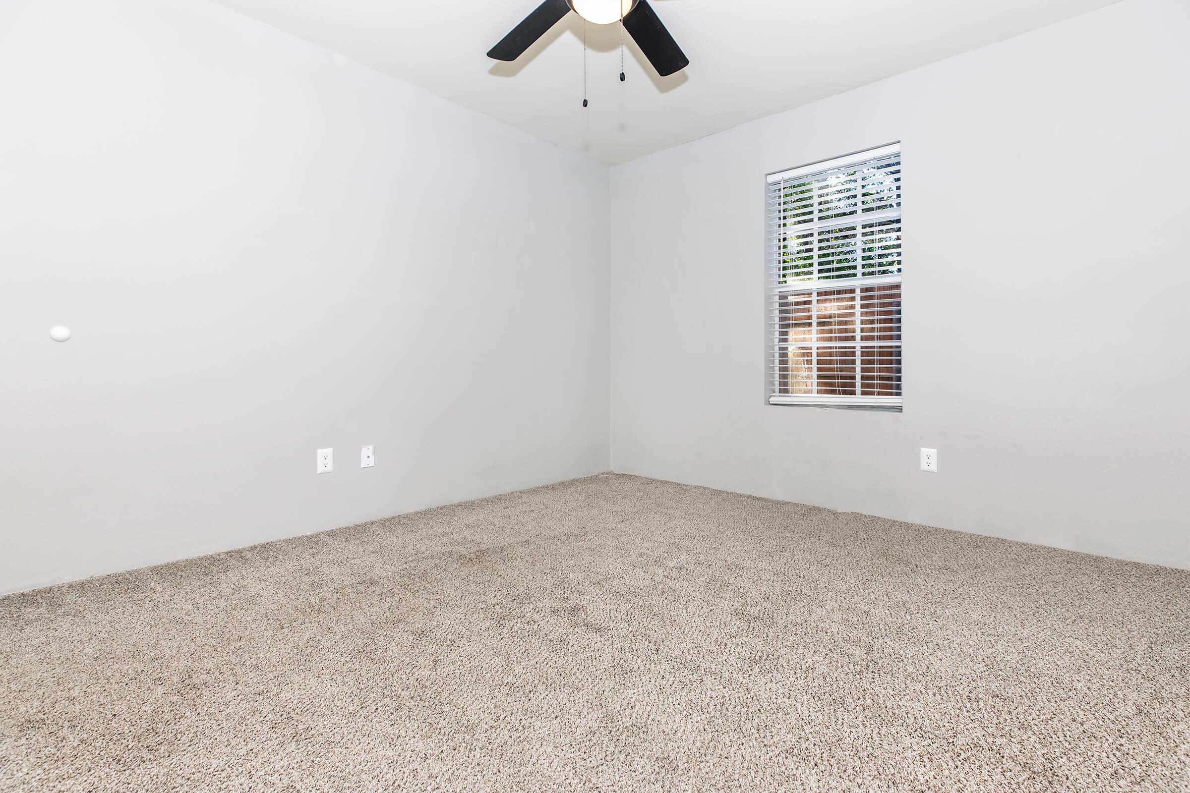 Empty room with light gray walls and a large window with blinds. The floor is covered in beige carpet, and there's a ceiling fan with three blades. The space is devoid of furniture or decorations, creating a minimalist look.
