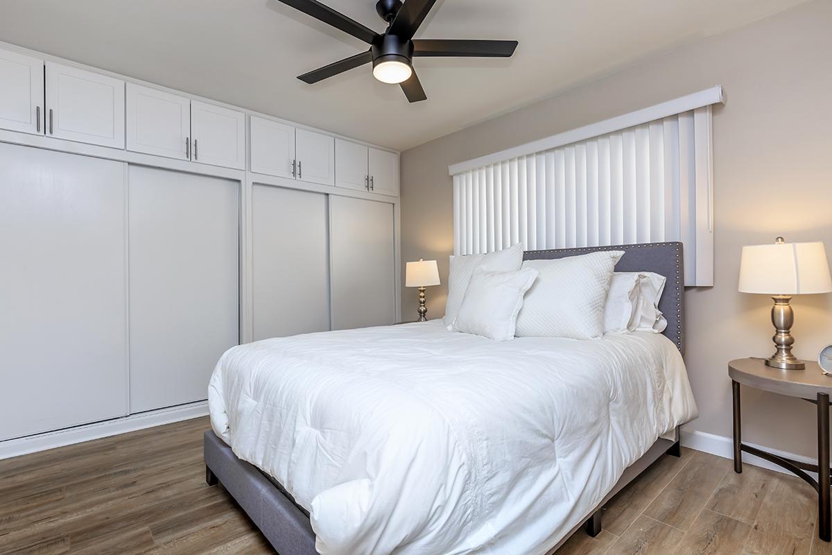 Flats on Elk provides plenty of closet space. This photo also shows a ceiling fan, wood-like floors and vertical blinds.