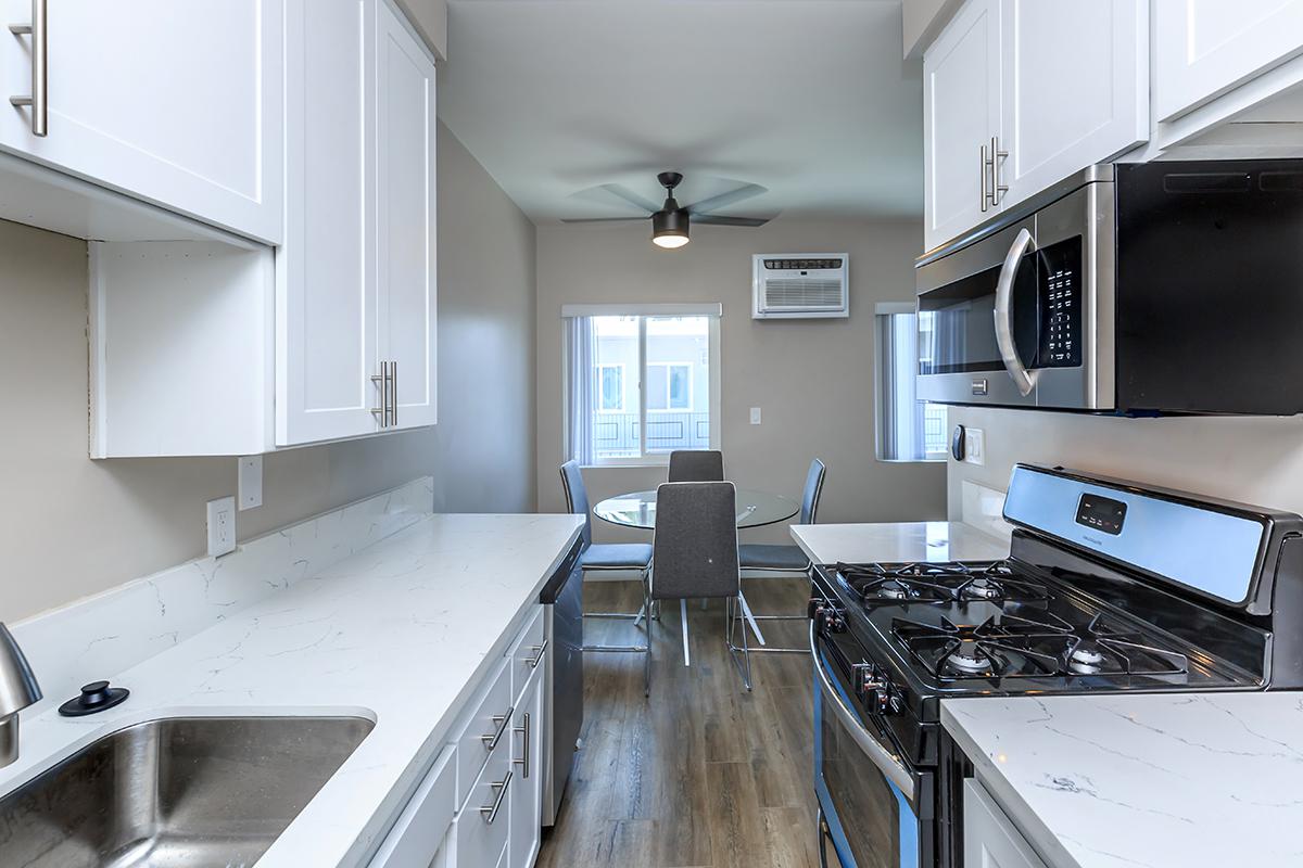 Roomy kitchen with lots of storage in the pristine white cabinets here in our one bed one bath C floor plan