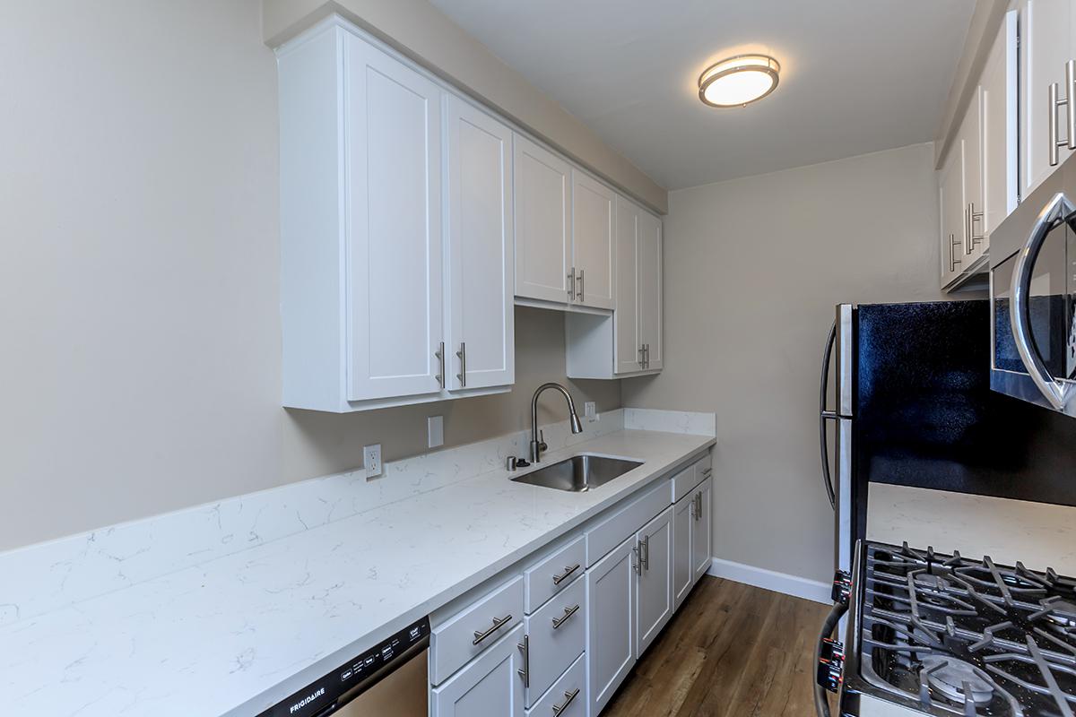 Great Storage and counter space in our one bed one bath D floor plan. This photo also features the goose neck faucet at the sink.