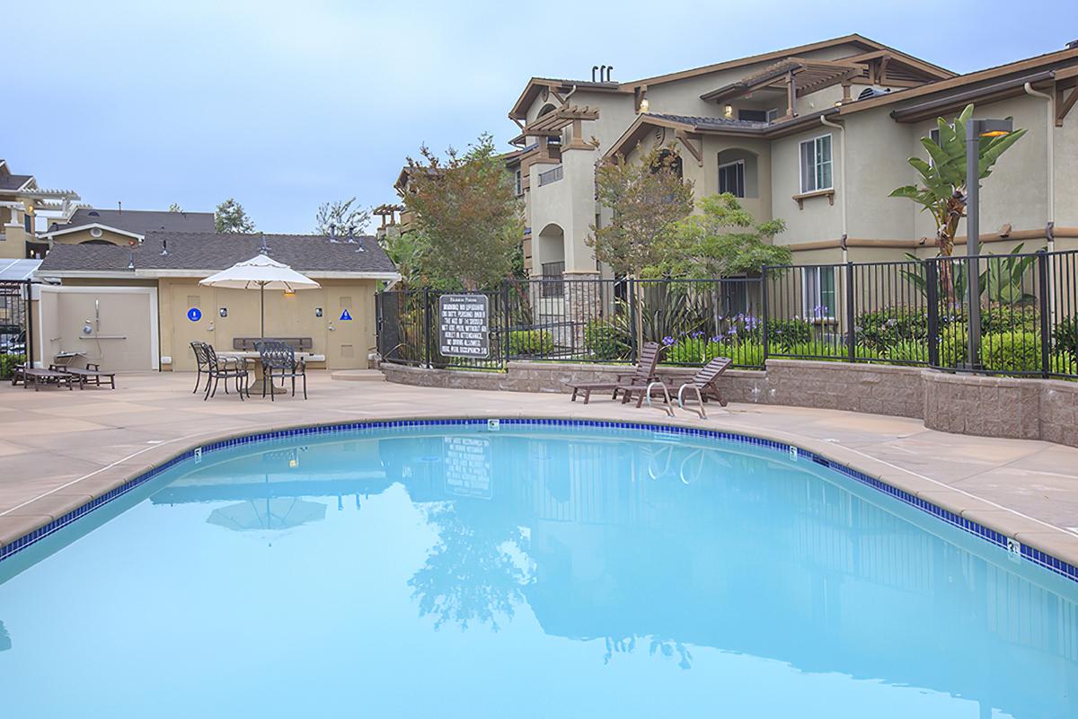 A serene view of a swimming pool surrounded by lounge chairs, umbrellas, and landscaped greenery.