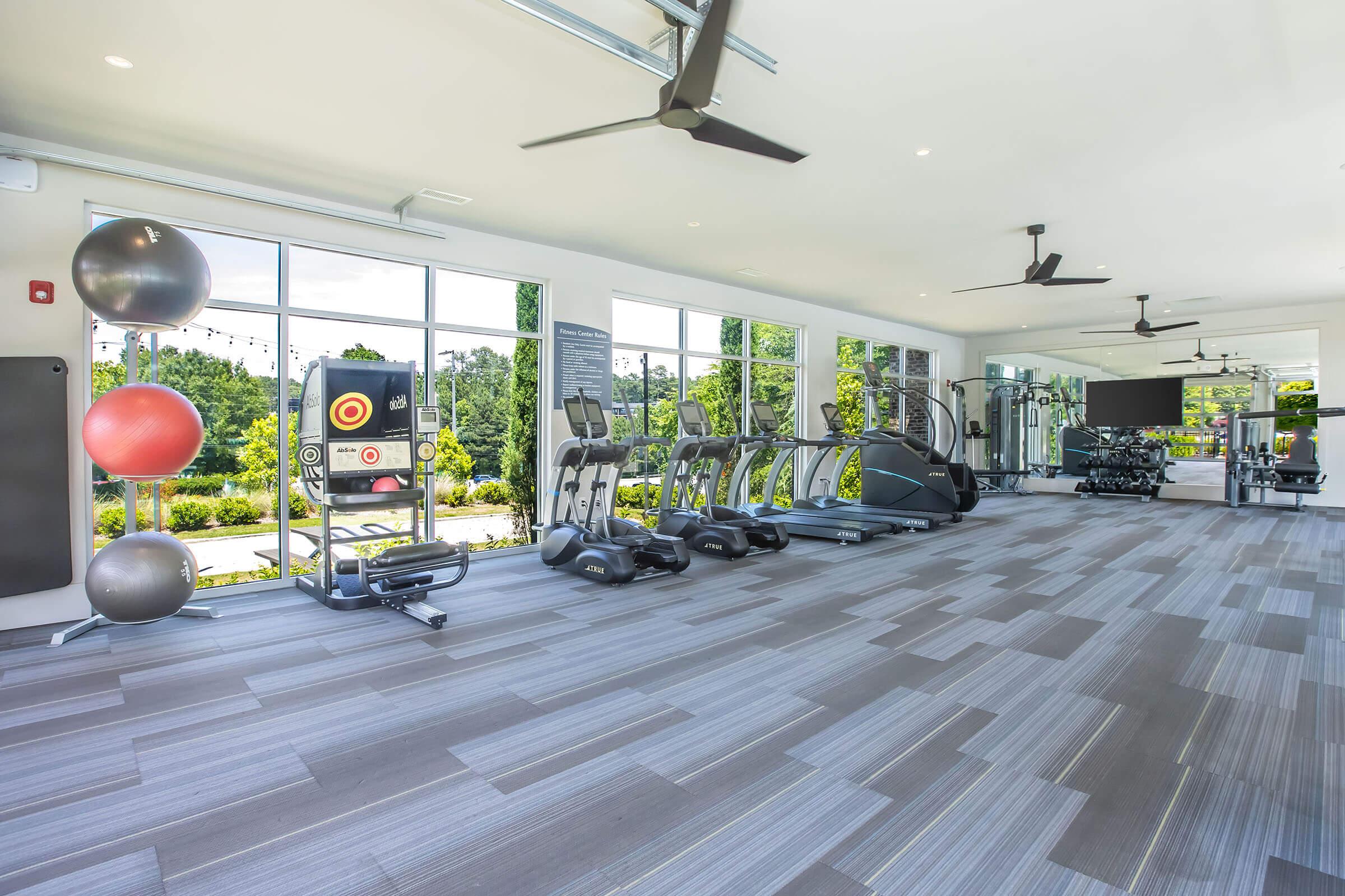 A bright and modern gym interior featuring exercise equipment like treadmills, elliptical machines, and weightlifting stations. Large windows allow natural light to enter, with a view of greenery outside. The space includes fitness balls and ceiling fans for ventilation, creating an inviting atmosphere for workouts.