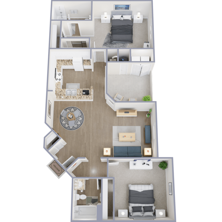 Plan D, a 2 bedroom 2 bathroom floor plan.