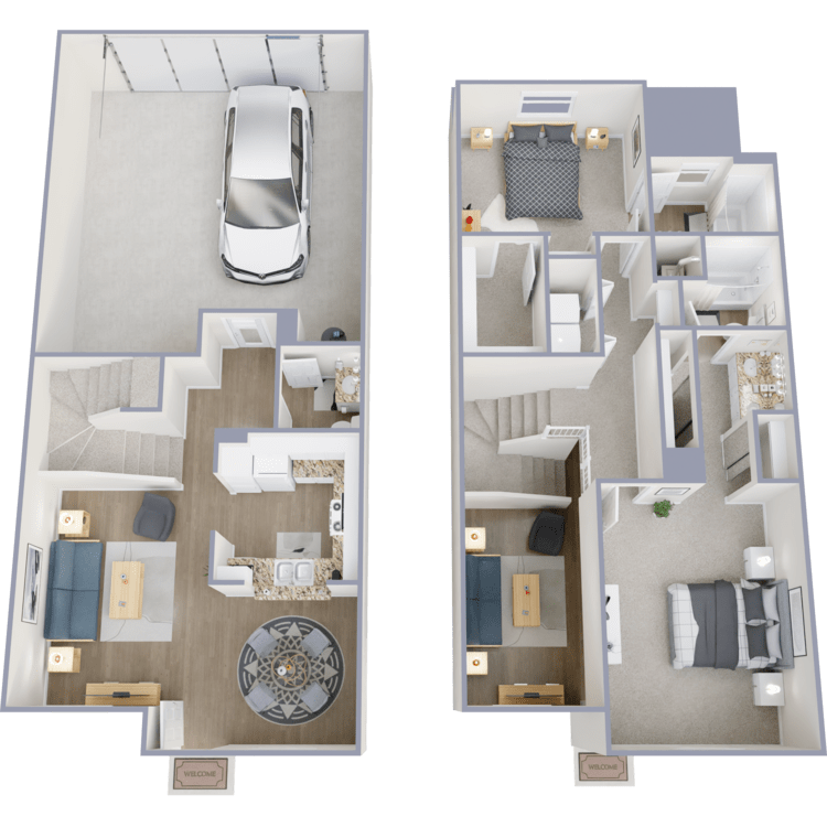 Plan F, a 2 bedroom 2.5 bathroom floor plan.