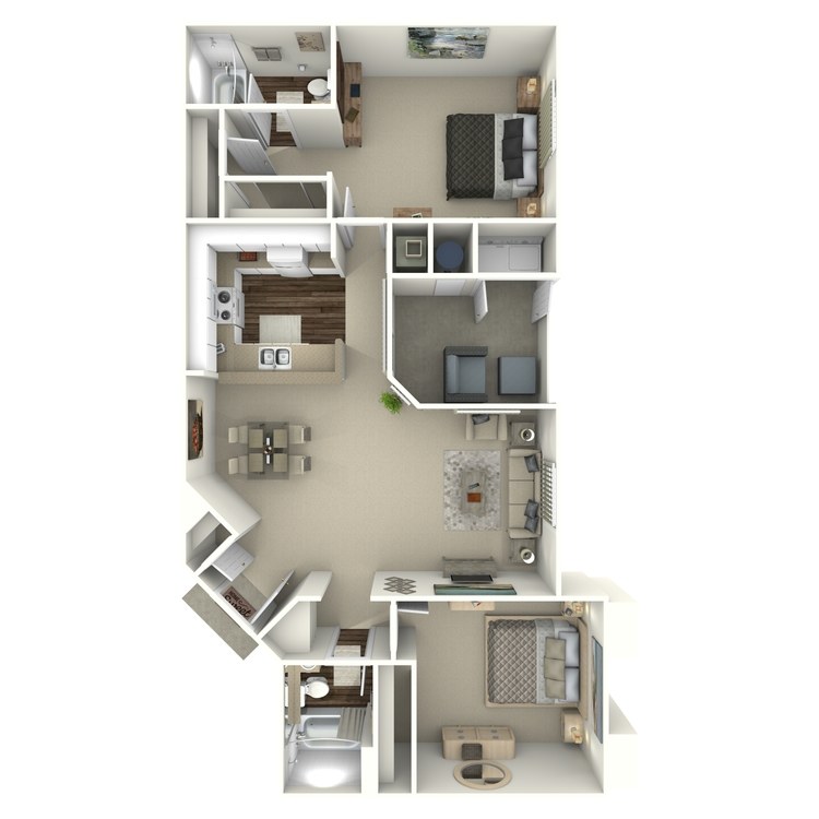 Plan D, a 2 bedroom 2 bathroom floor plan.