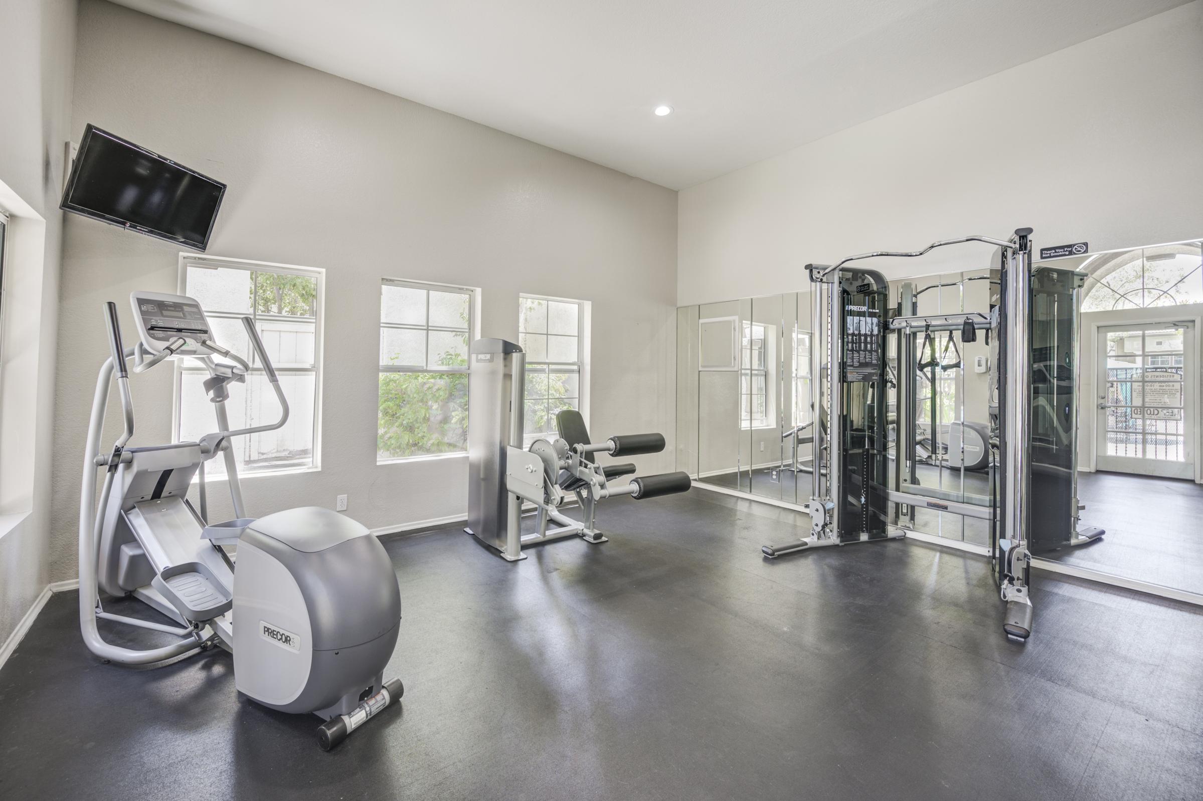 A modern gym interior featuring exercise equipment, including a stationary bike, strength training machine, and elliptical. The space has large windows allowing natural light to enter, and there is a wall-mounted television. The floor is dark, enhancing the clean and contemporary design of the gym.