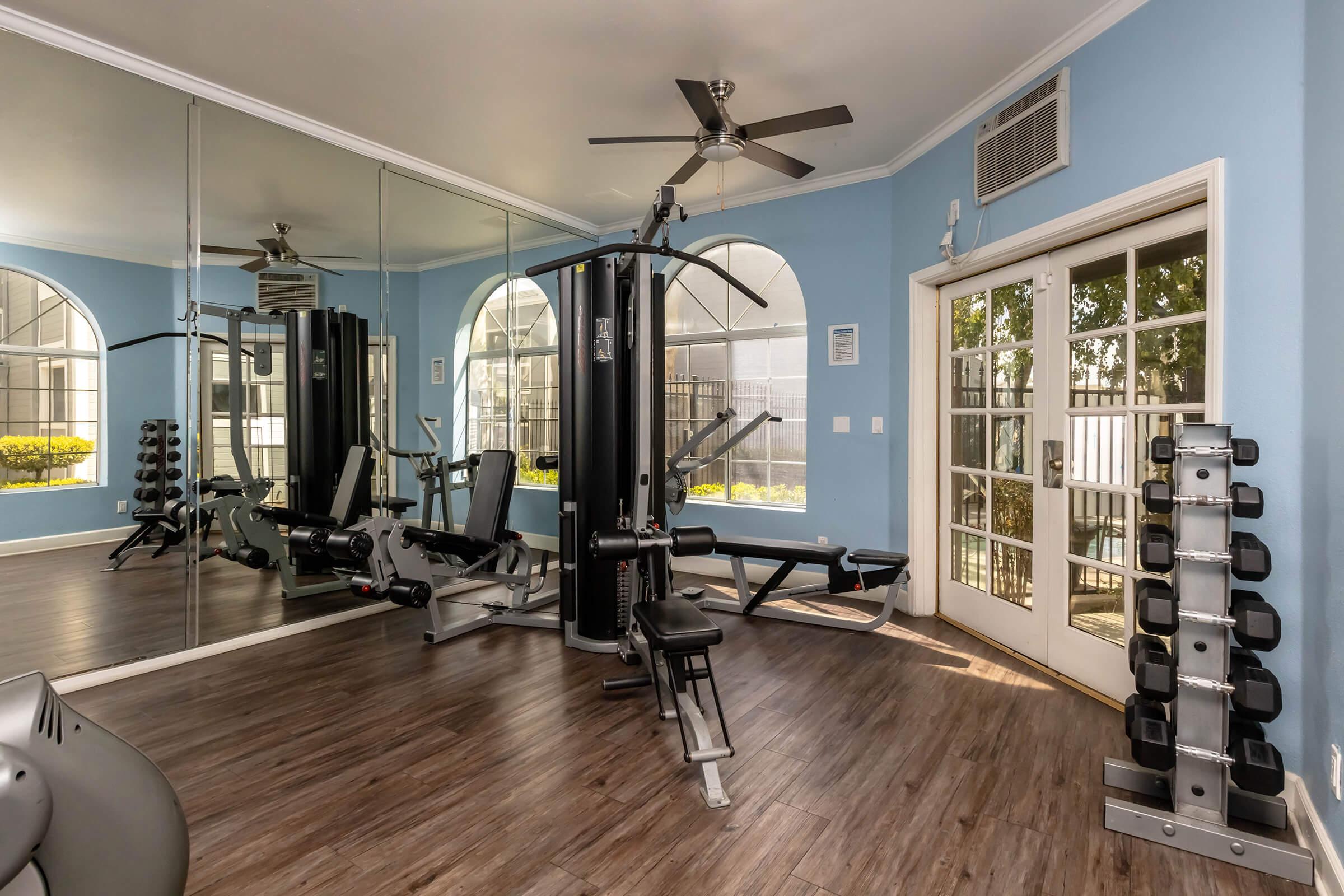 A well-lit gym area featuring a multi-station strength training machine, a weight bench, and a set of dumbbells on a rack. Large mirrors line one wall, and windows offer views of greenery outside. The room has a modern design with blue walls and wooden flooring.