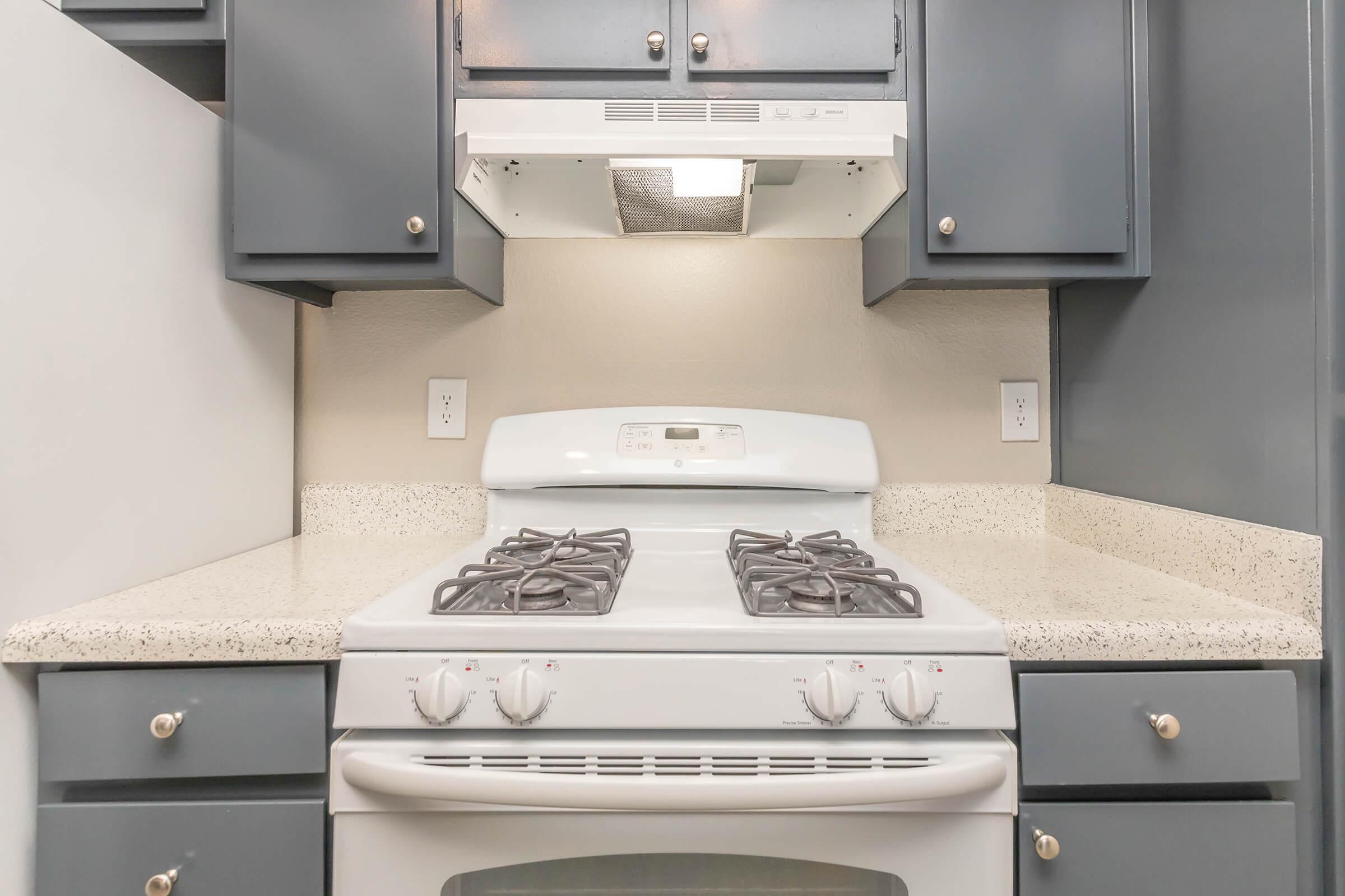 A modern kitchen with a white gas stove, granite countertops, and dark gray cabinetry. The stove has four burners and a built-in oven, topped with a white range hood. The clean design features a minimalist aesthetic, emphasizing functionality and style.