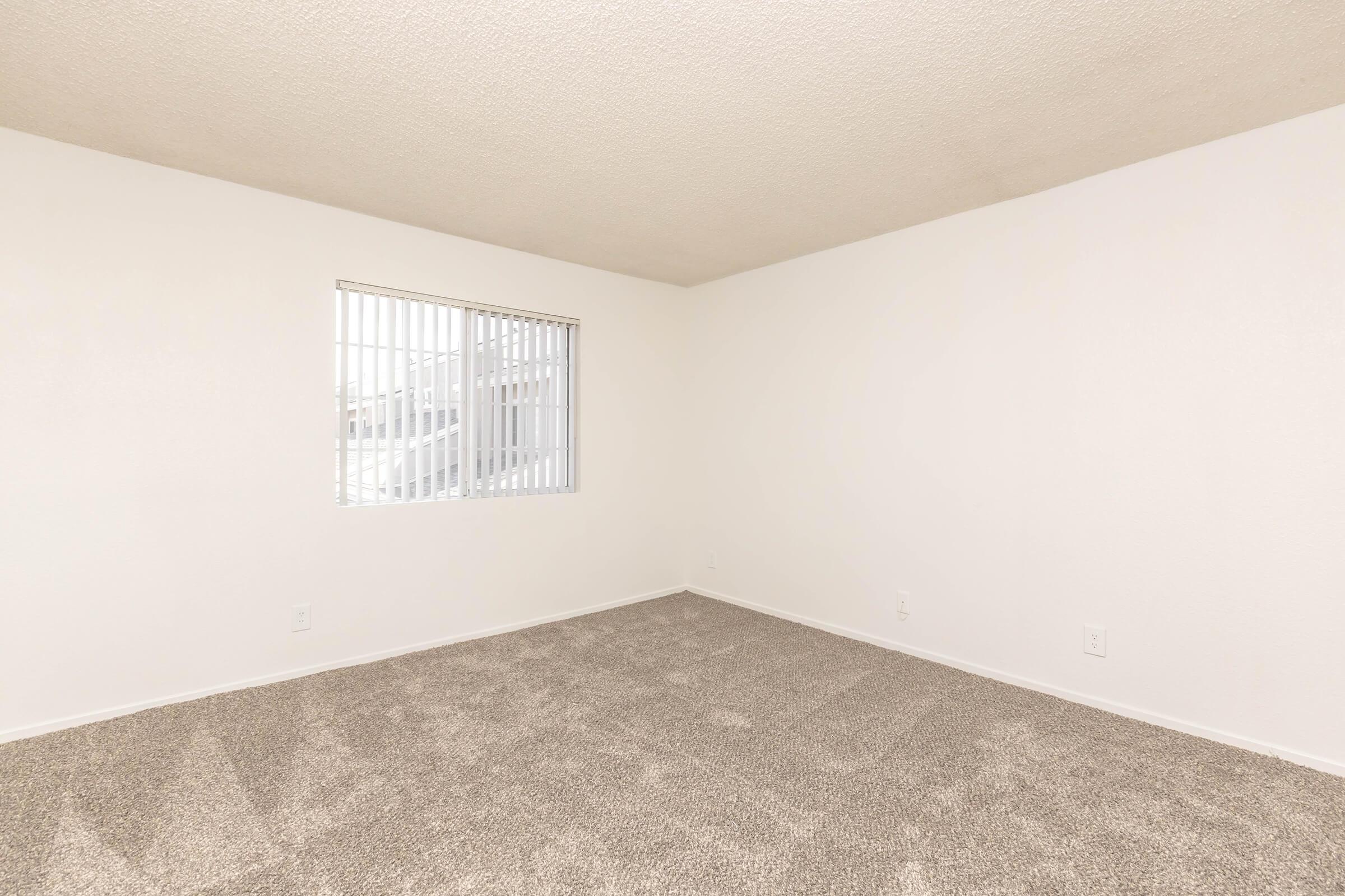 A vacant room with light-colored walls and a soft carpet. There is a window with horizontal blinds on one wall, allowing natural light to enter. The space appears clean and unfurnished, offering a minimalist and neutral atmosphere.