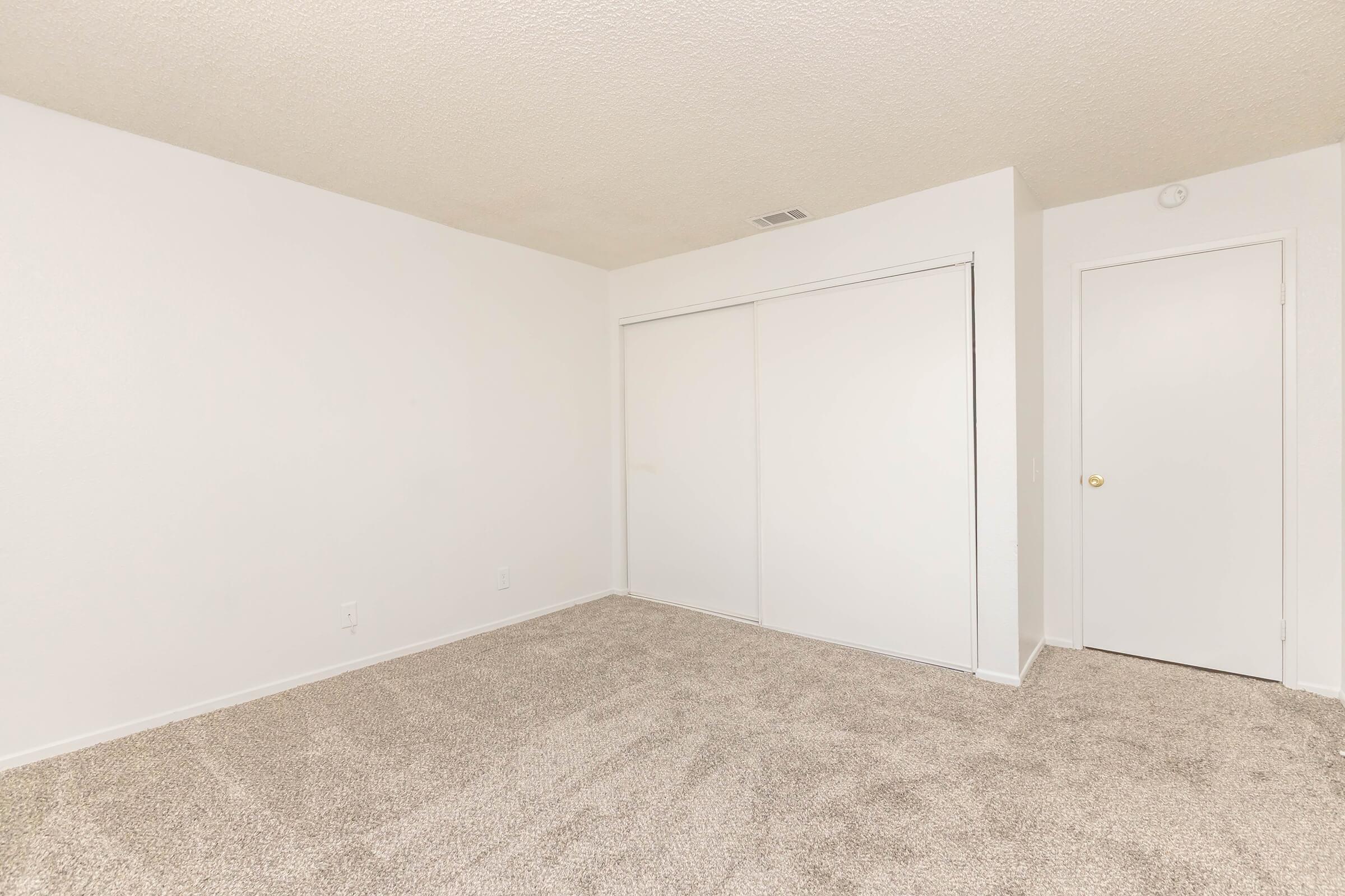 Empty room with beige carpet and white walls. Contains a closed closet with sliding doors and a single door on the right. The space is well-lit and appears clean and ready for decoration. No furniture or additional features are present.