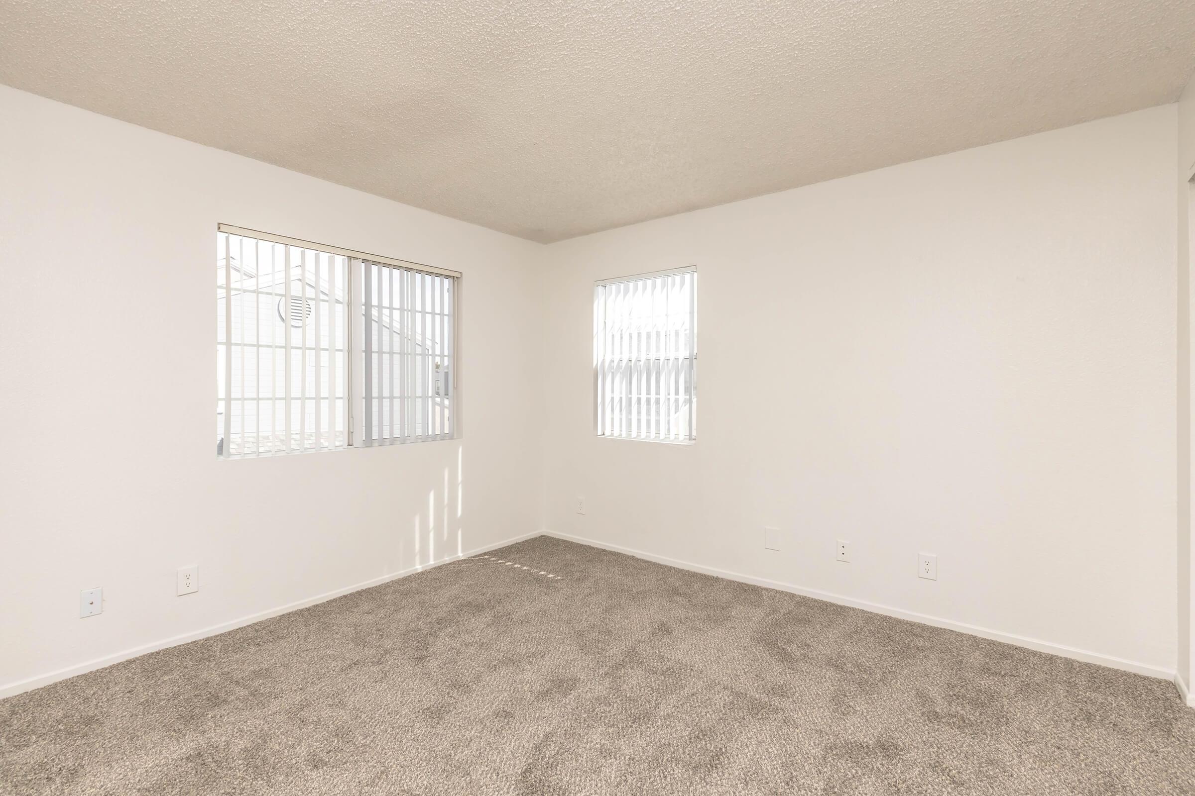 A vacant room with light beige carpet, white walls, and two windows allowing natural light. The windows have white blinds partially open. The room is empty, creating a spacious and airy atmosphere, suitable for various uses.