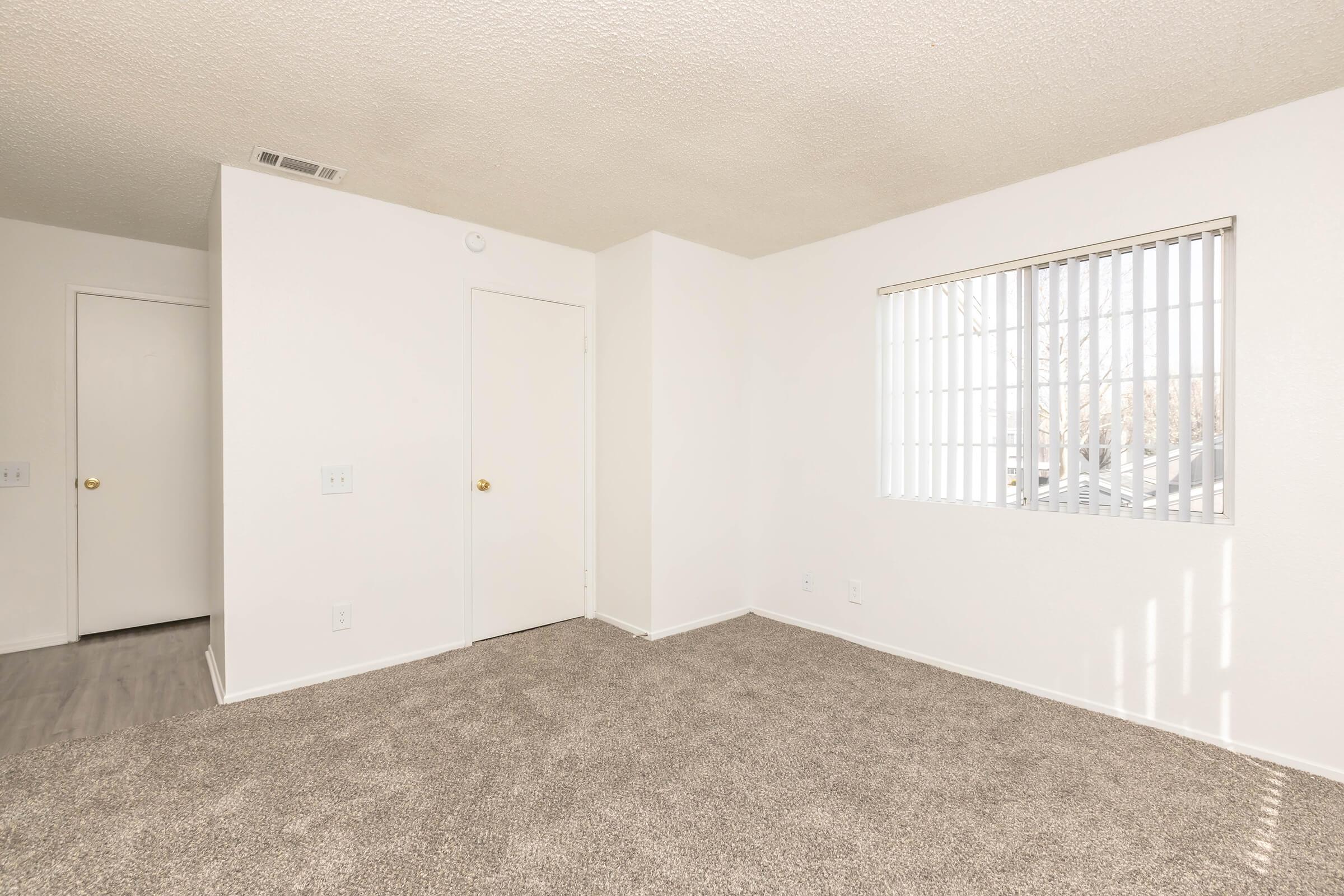 A vacant room with light-colored walls and carpeted flooring. The room has a small window with vertical blinds allowing natural light. There are two doors, one leading to another room and the other potentially to a closet or bathroom. The space appears clean and ready for furnishings.