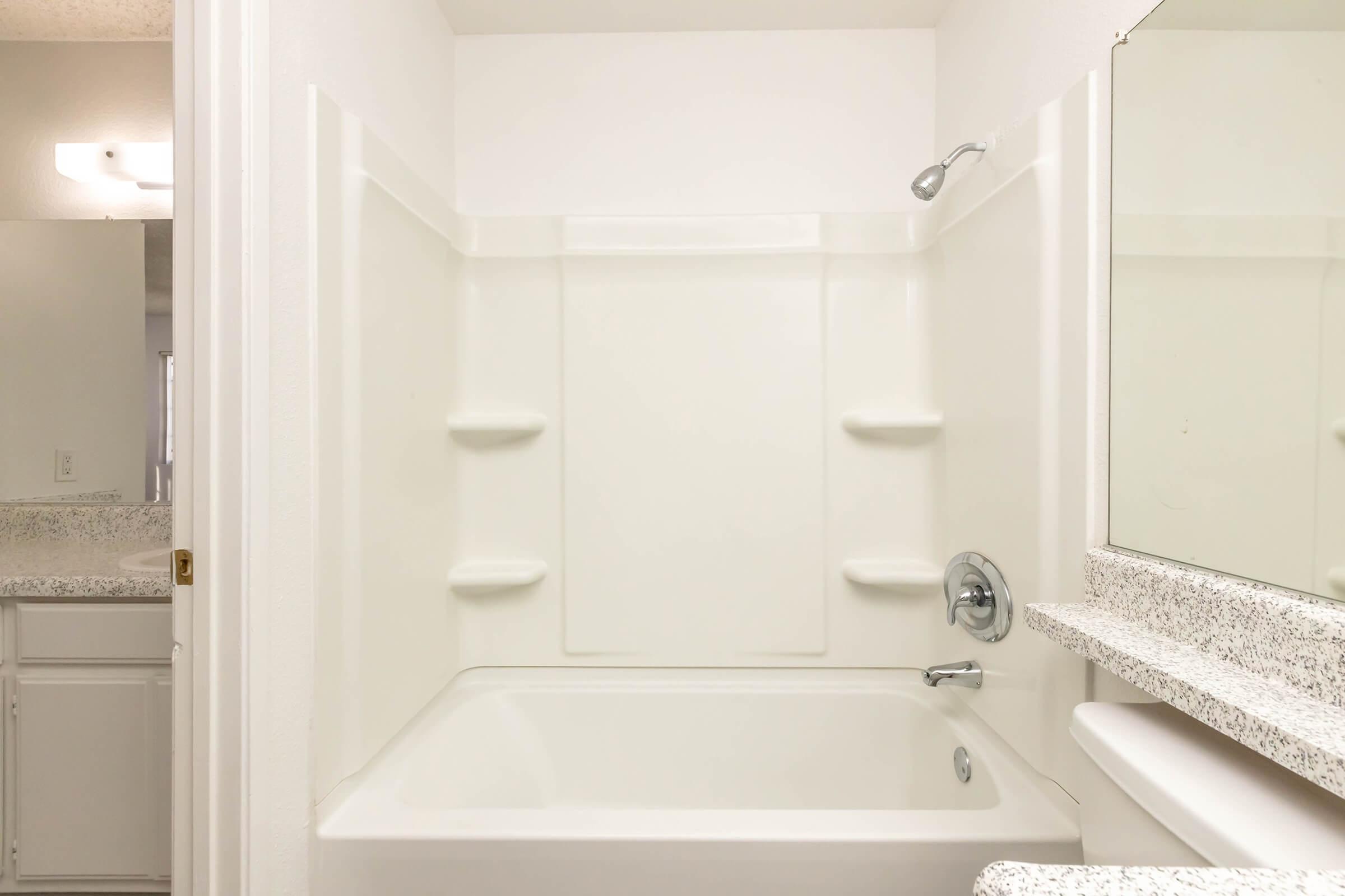 A clean, empty bathroom featuring a white bathtub with built-in shelves, a chrome showerhead, and a mirror above a granite countertop. The walls are painted in neutral tones, creating a bright and spacious appearance.