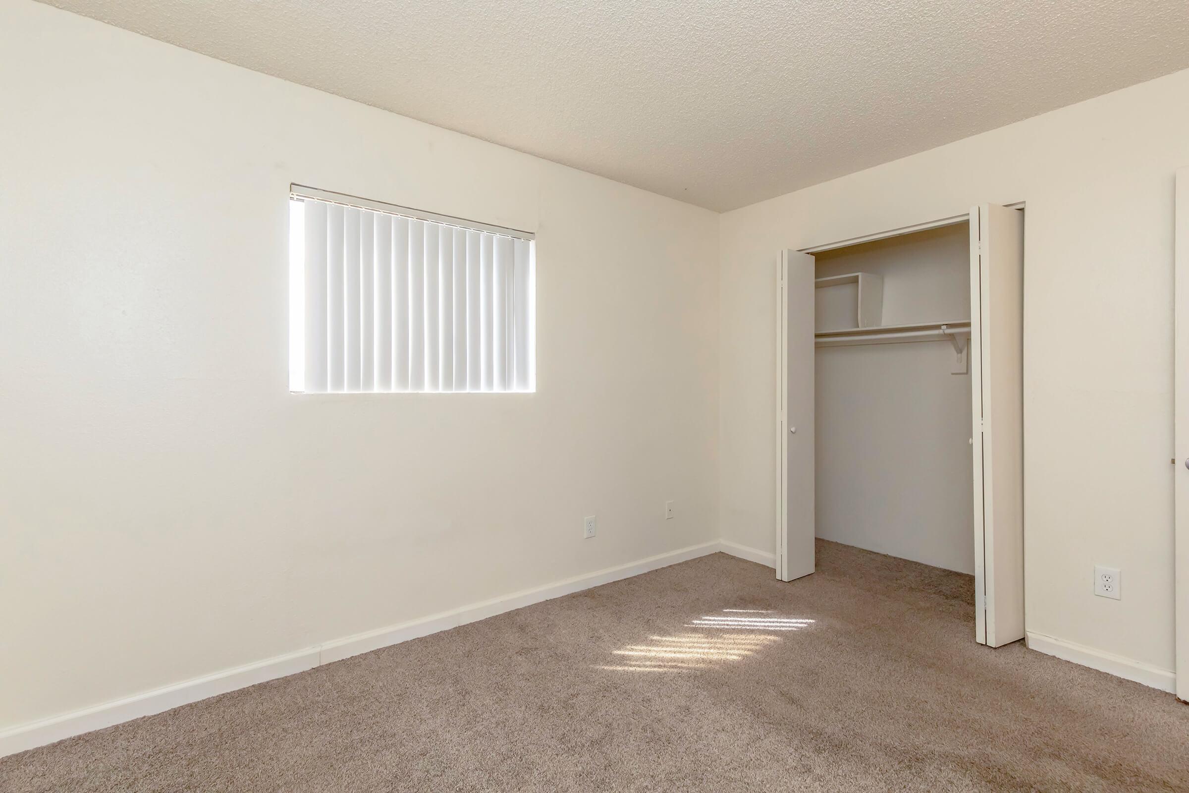 A vacant room with light-colored walls and carpet. It features a window with vertical blinds letting in natural light, and a closet with folding doors is visible on the right side. The space is clean and simple, suitable for various décor or furniture arrangements.