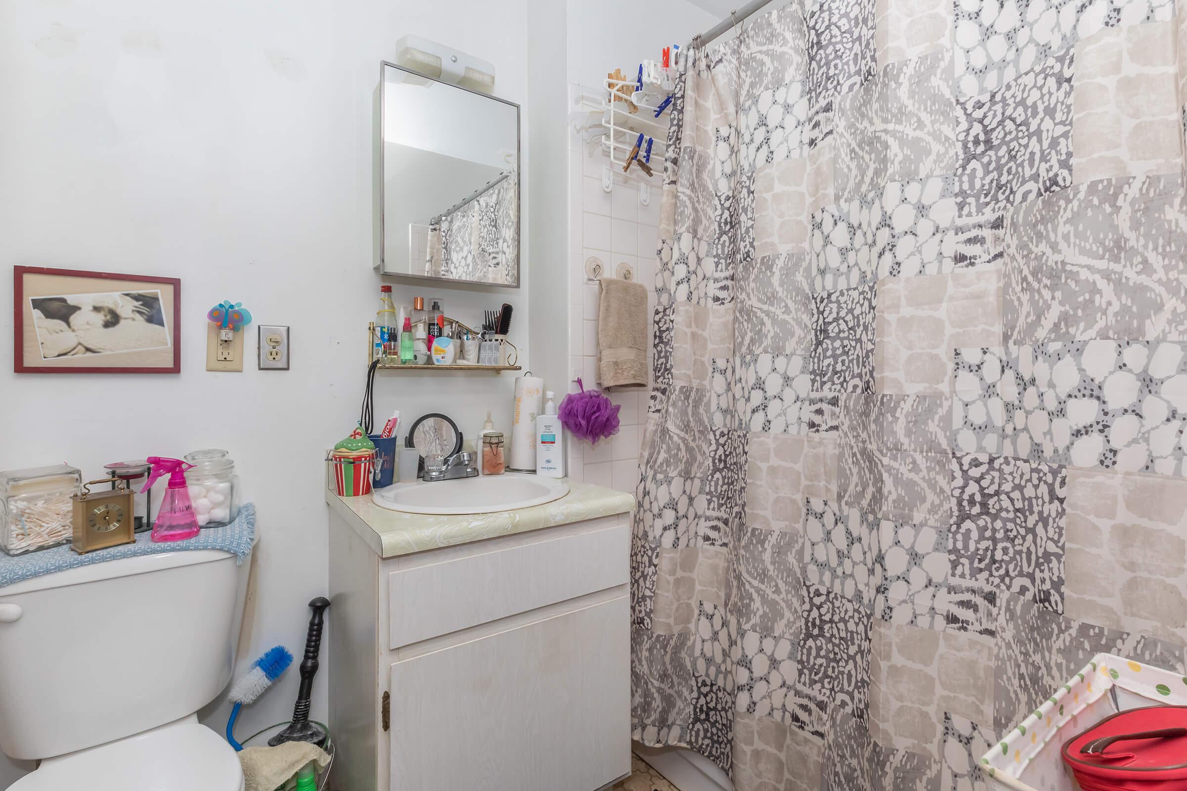 a room with a sink and a shower