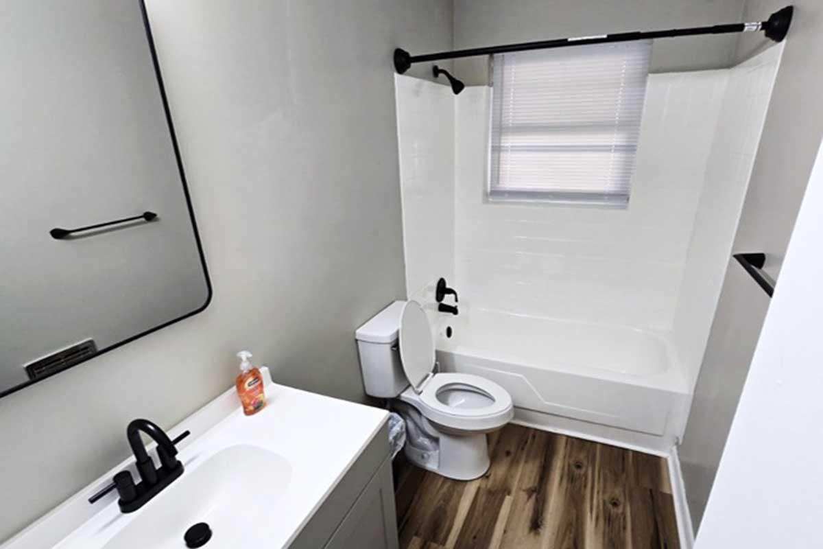 A modern bathroom featuring a bathtub with shower, a wall-mounted mirror, a toilet, and a sink with a sleek faucet. The flooring is wooden, and a bottle of hand soap is placed next to the sink. Natural light comes through a window above the bathtub.