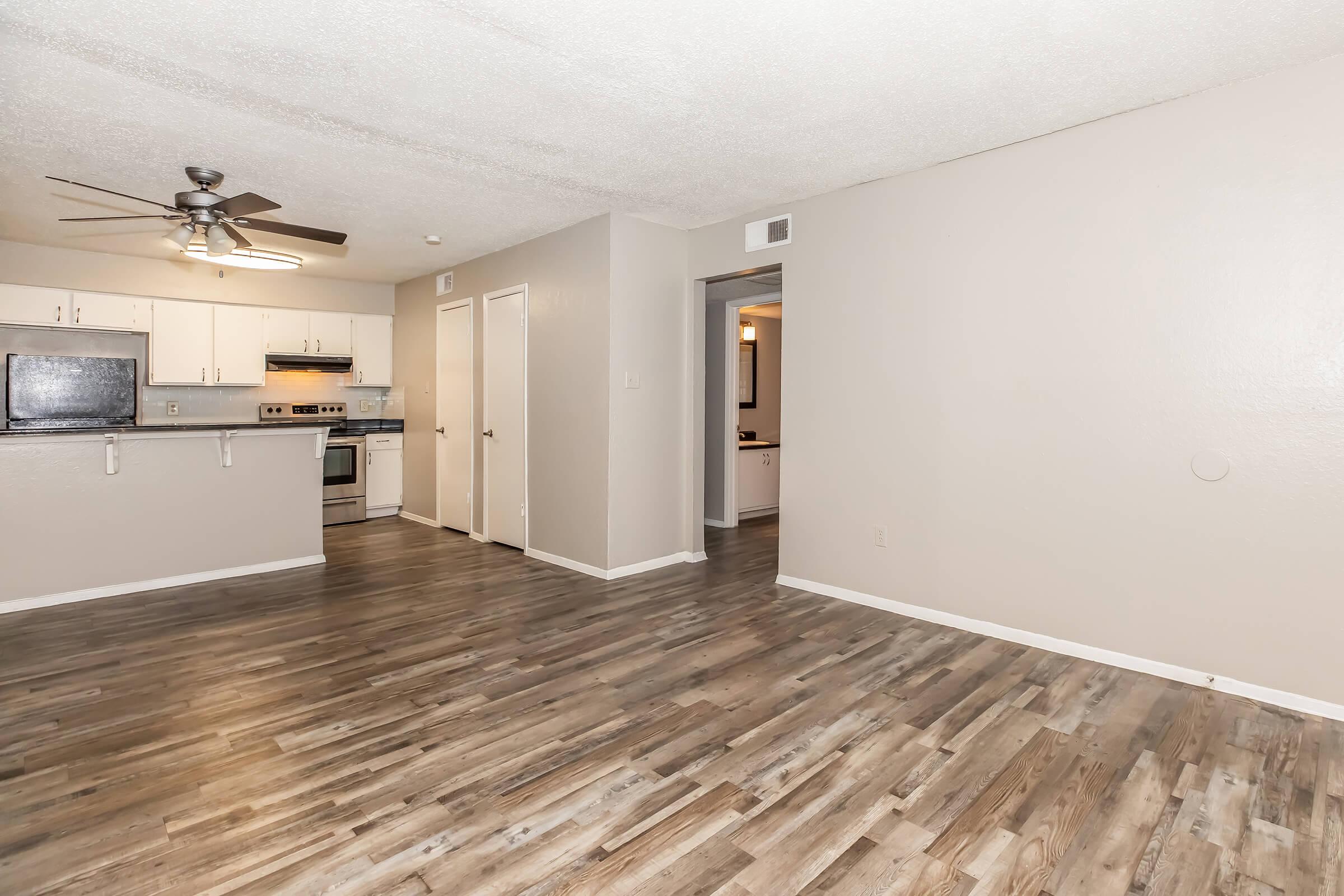 An open-concept living space featuring light gray walls, modern wood flooring, a ceiling fan, and a kitchen area with white cabinets and stainless steel appliances. There are two doorways leading to other rooms, creating a spacious and inviting atmosphere.