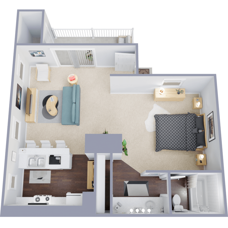 Plan D, a studio 1 bathroom floor plan.