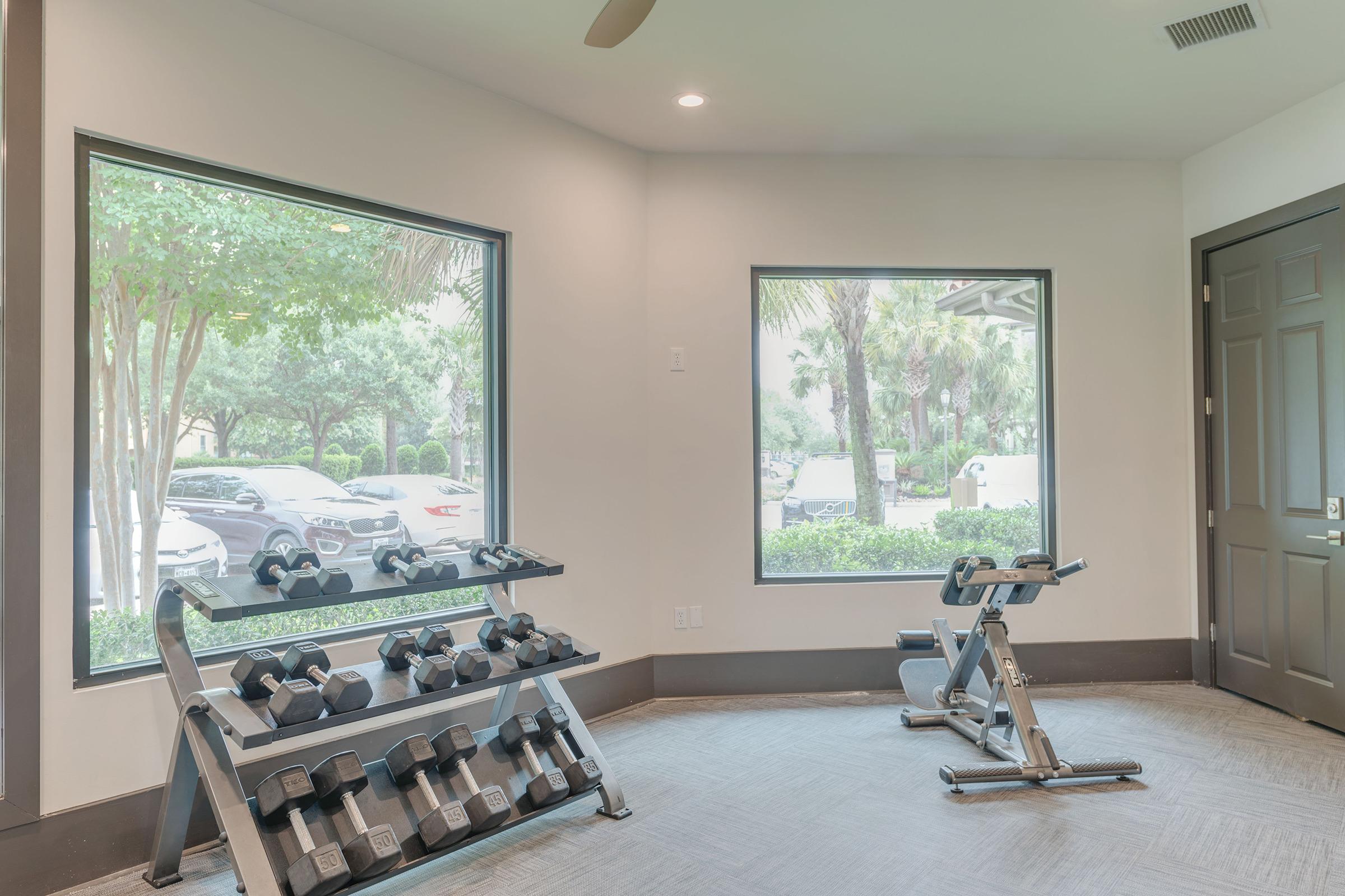 A well-lit gym area featuring a rack of dumbbells and exercise equipment. Large windows provide a view of greenery and parked cars outside, creating a bright, inviting atmosphere for workouts. The space has a modern design with neutral tones and ample natural light.