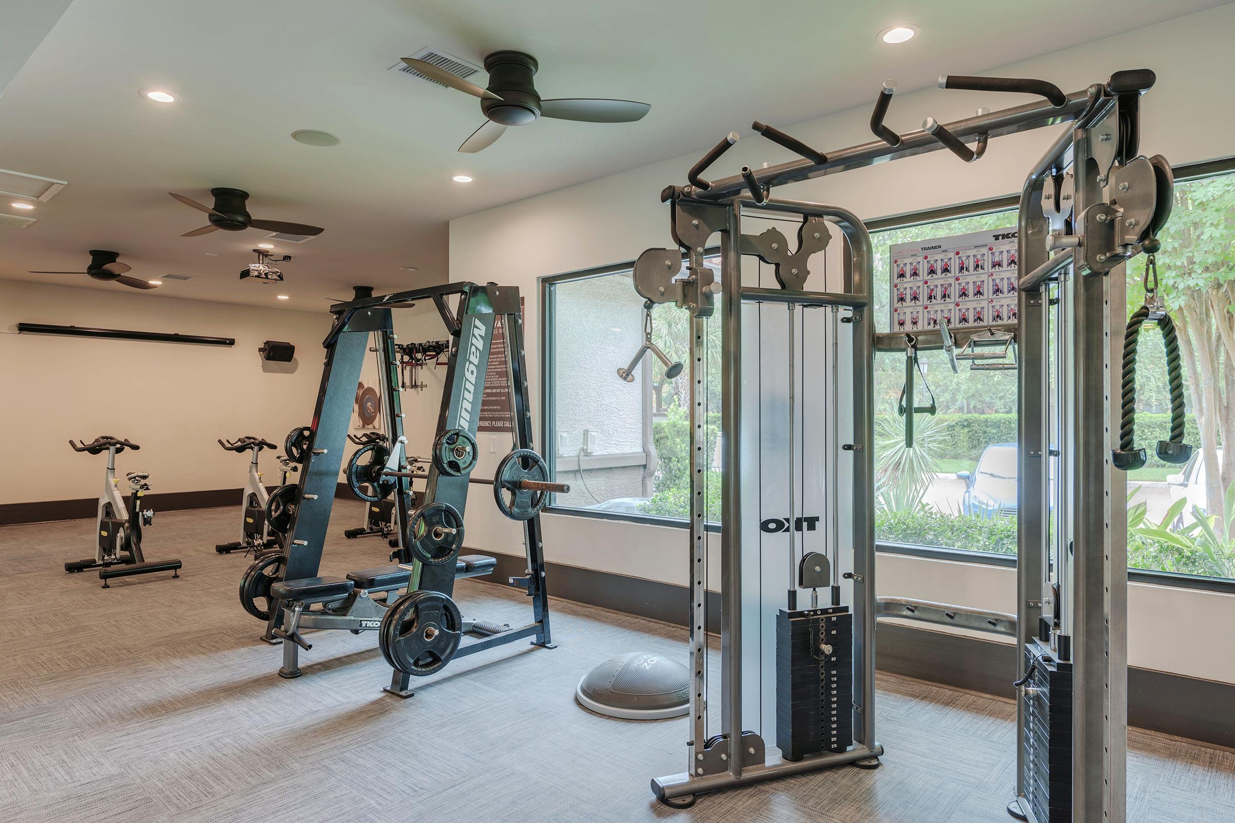 A modern gym interior featuring a variety of exercise equipment, including weight machines, a cable machine, and free weights. Large windows allow natural light to enter, with greenery visible outside. The flooring is carpeted, and ceiling fans are installed for ventilation.