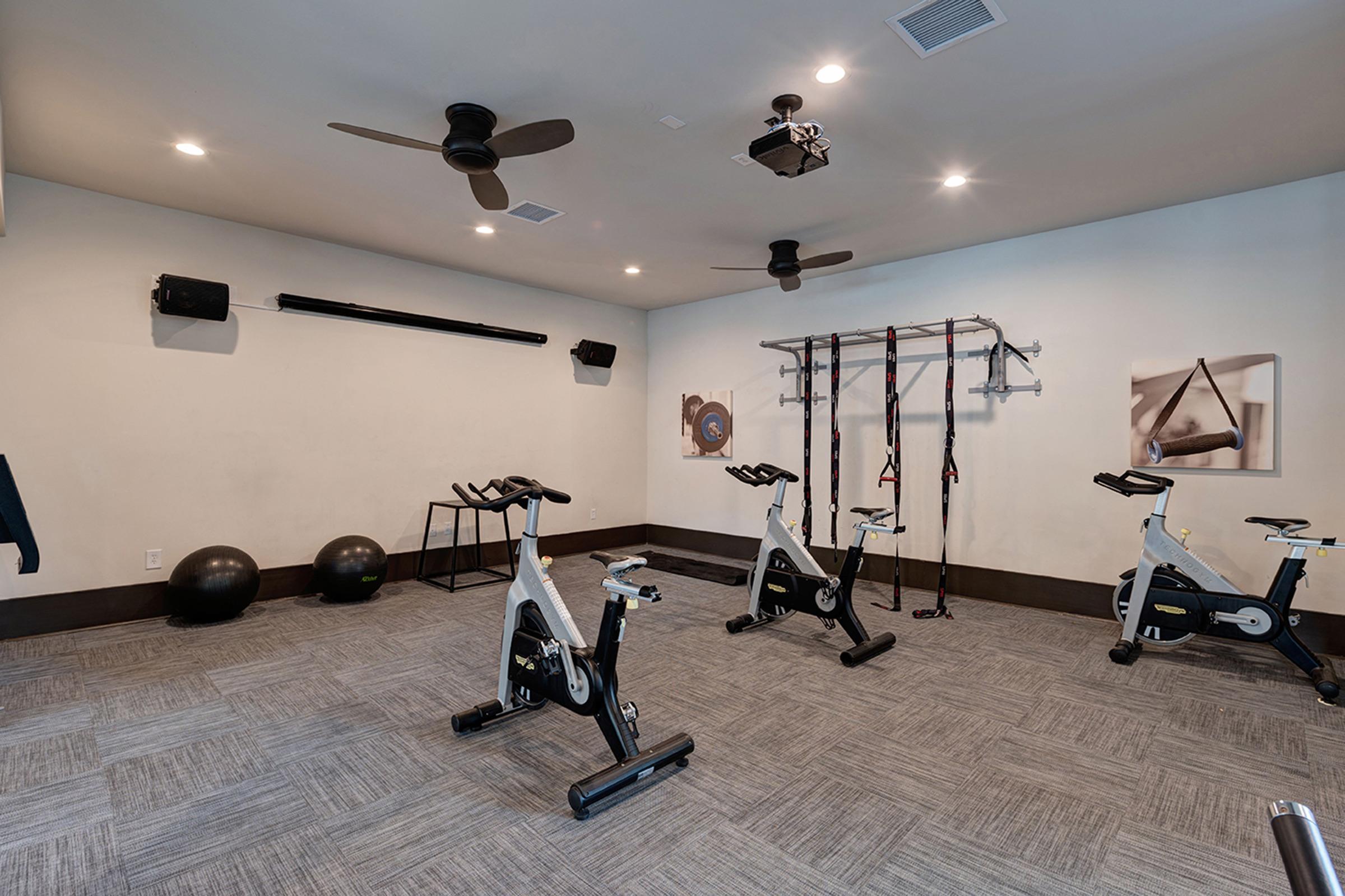 A modern gym room featuring two stationary bikes, exercise balls, a wall-mounted cable machine, resistance bands, and a photo of exercise equipment on the wall. The space is well-lit with ceiling fans, providing a clean and organized workout environment.