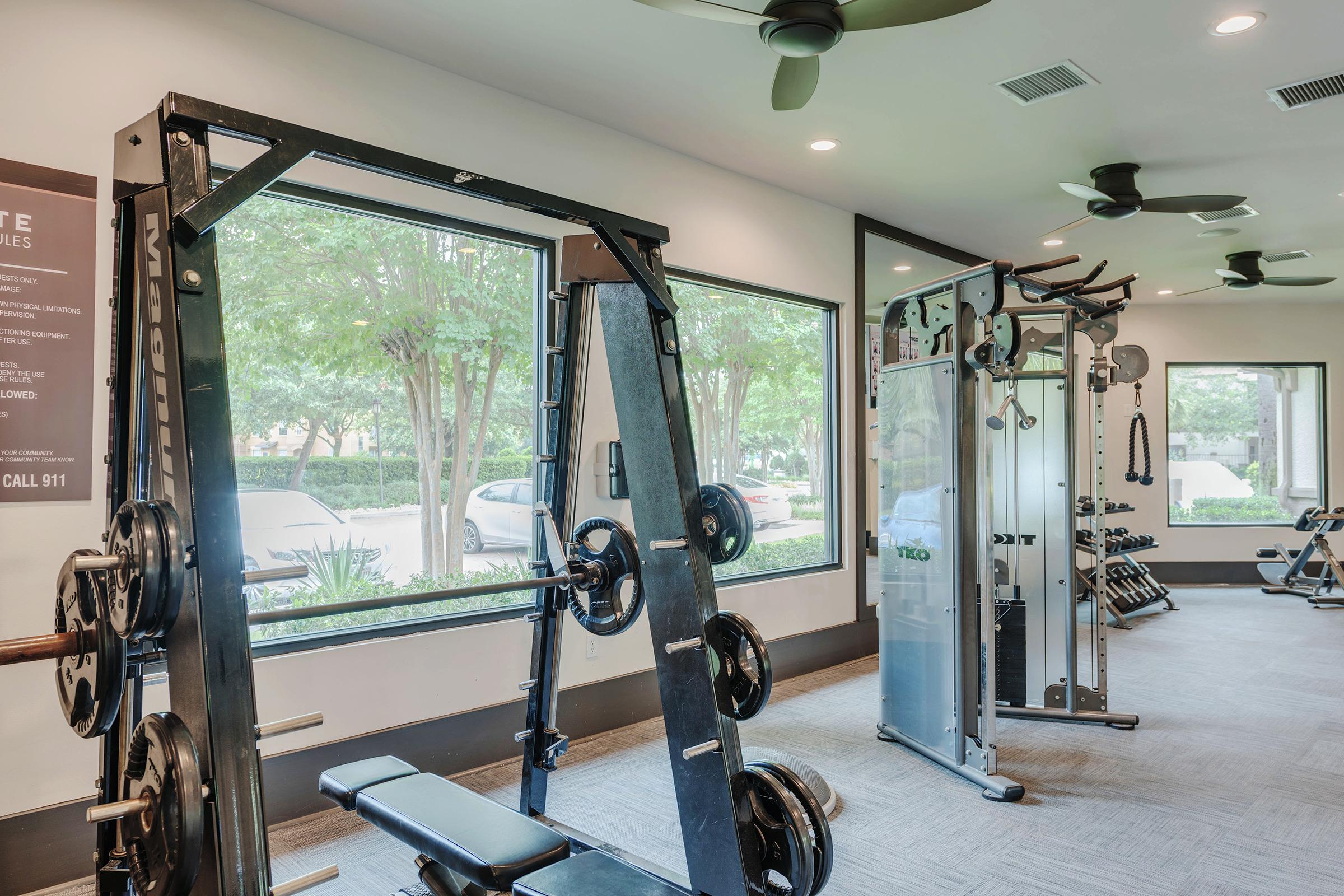 A modern gym interior featuring a squat rack with weights, a multi-station workout machine, and a bench. Large windows provide natural light and a view of outdoors, while ceiling fans enhance ventilation. The space is well-lit and designed for various fitness activities.