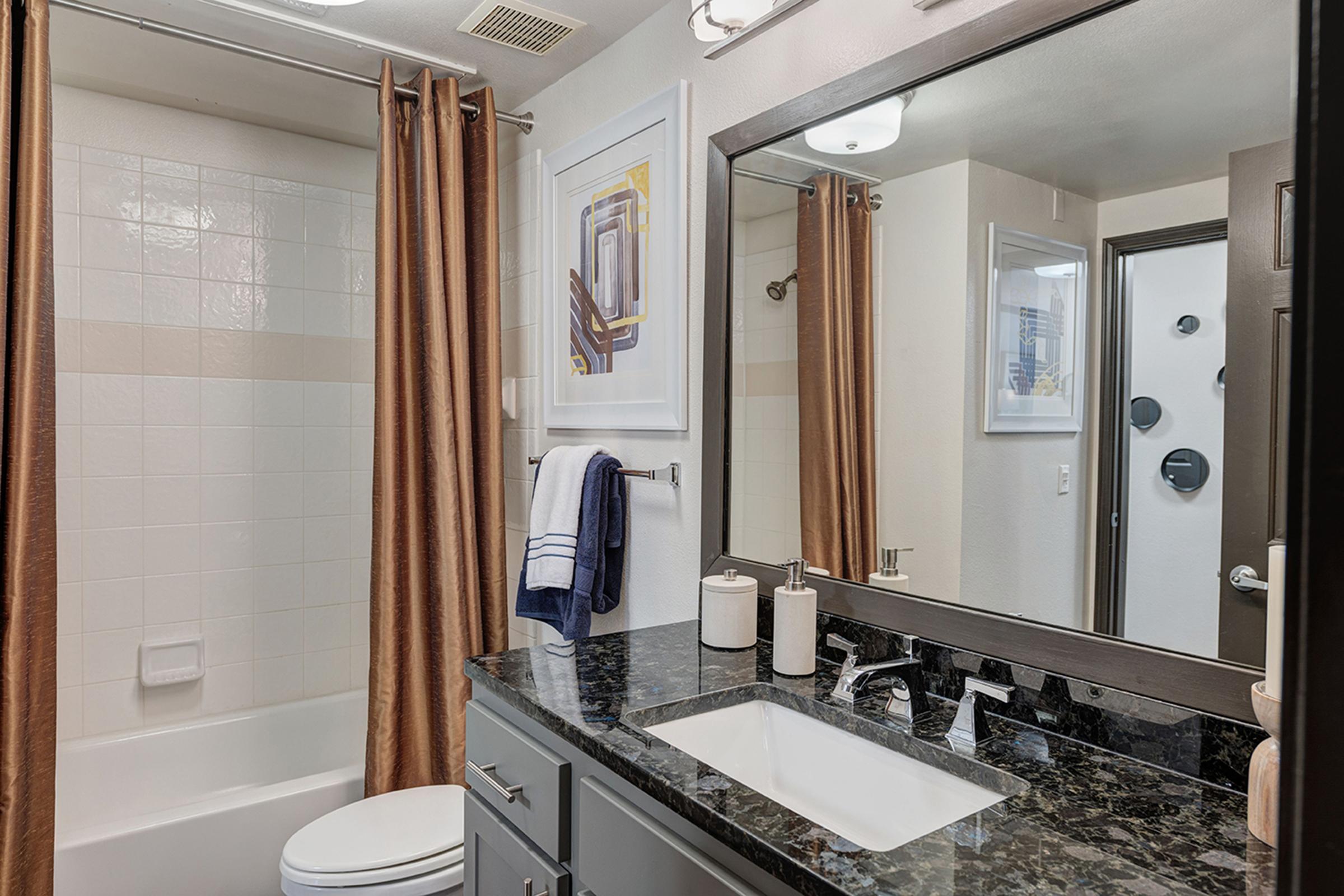 Modern bathroom featuring a tub with a shower curtain, a sleek black countertop with a sink, and a large mirror. The decor includes warm brown curtains, decorative towels, and framed artwork on the walls, creating a stylish and inviting atmosphere.