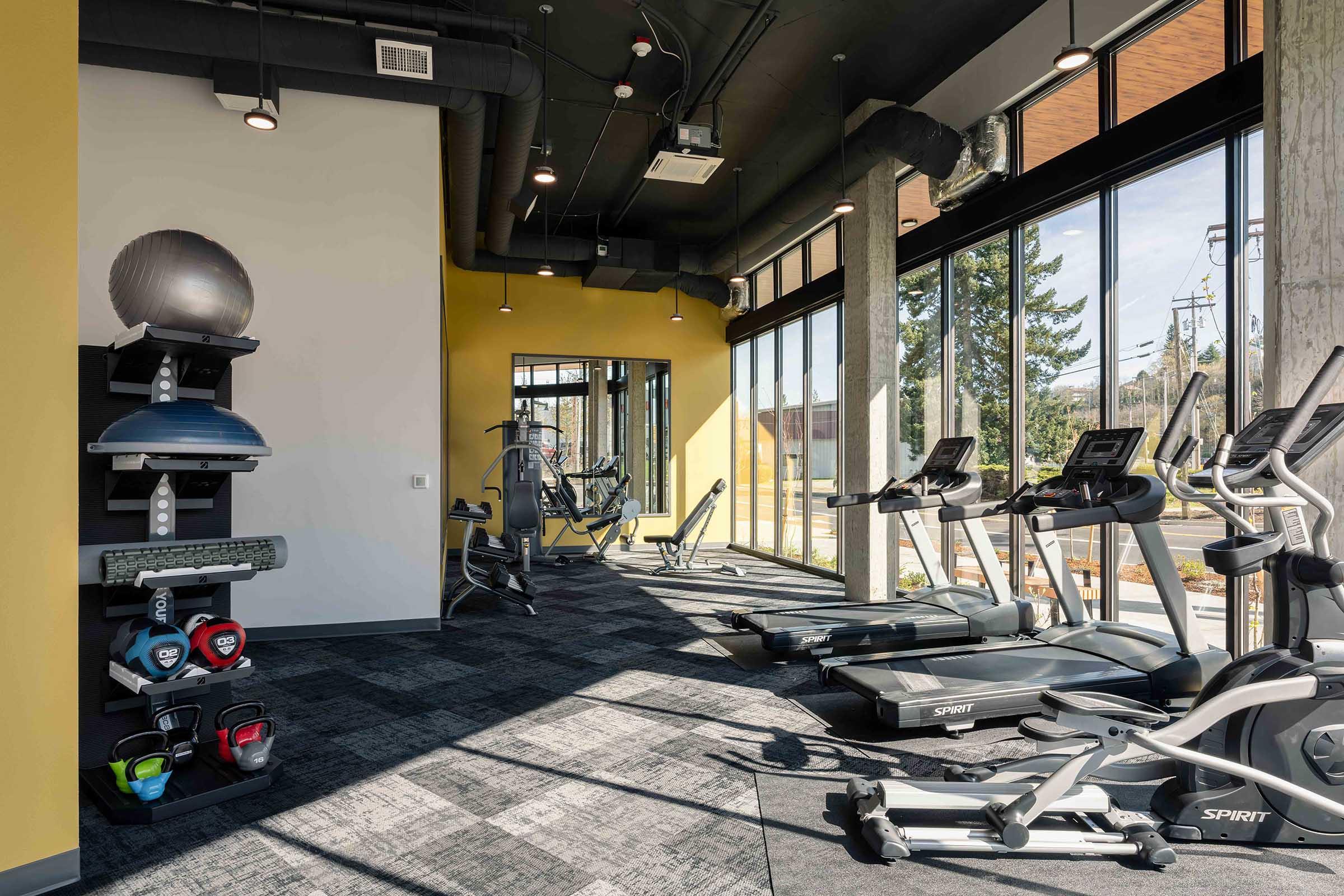 A modern gym interior featuring cardio and strength training equipment. There are ellipticals, a weight rack with colorful dumbbells, and large windows allowing natural light. The walls are painted yellow, and there is mirrored space for workouts, creating an inviting and spacious atmosphere.