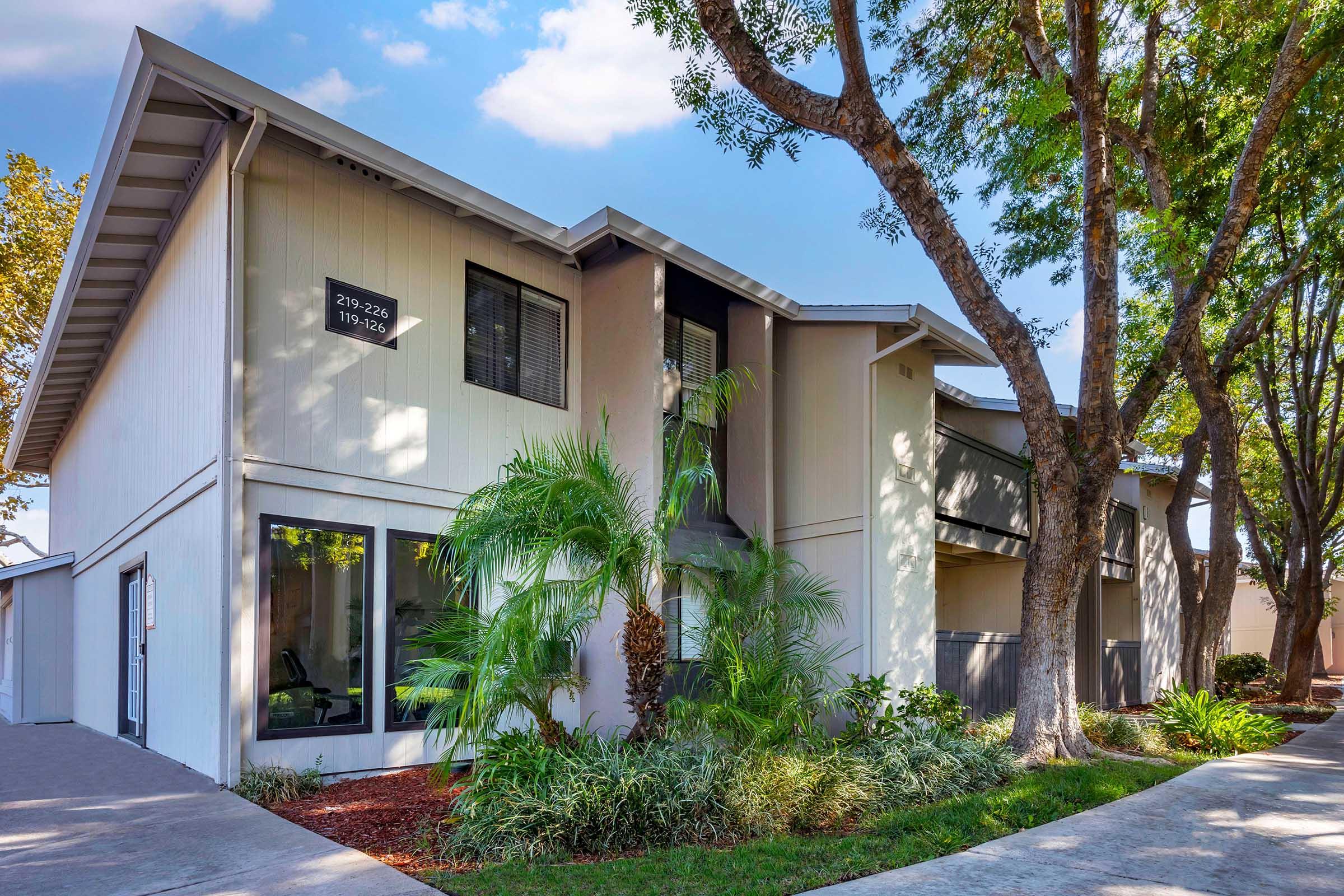A modern two-story building with a light exterior, featuring large windows and lush greenery surrounding it. The landscape includes palm trees and shrubs, along with a paved walkway leading to the entrance. The sky is clear with a few clouds, indicating a bright sunny day.