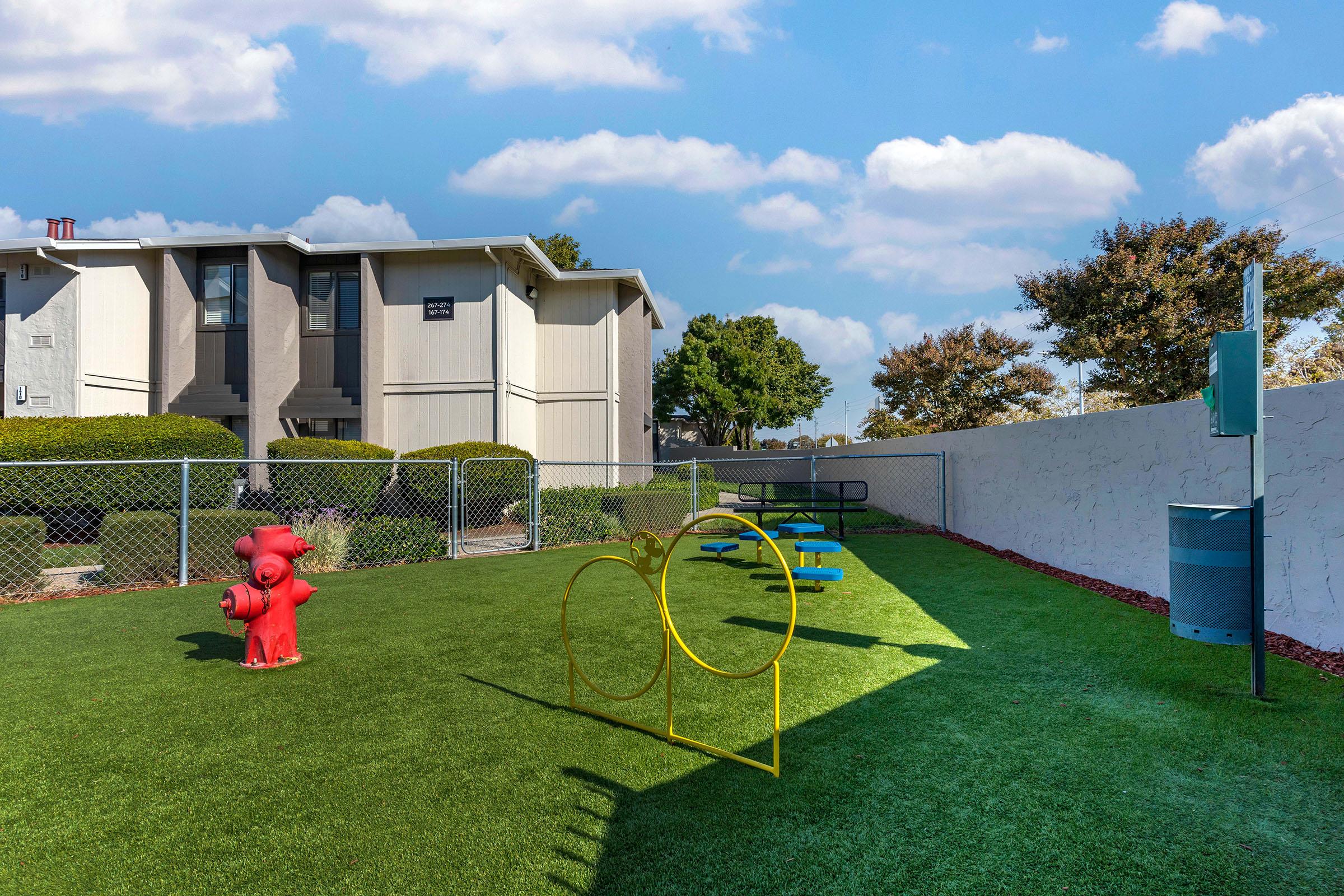 A well-maintained dog park featuring artificial grass, a colorful agility tunnel, and a red fire hydrant. In the background, there are picnic tables and a fenced area. The setting includes a sunny sky with a few clouds and nearby apartment buildings, creating a welcoming atmosphere for pets and their owners.