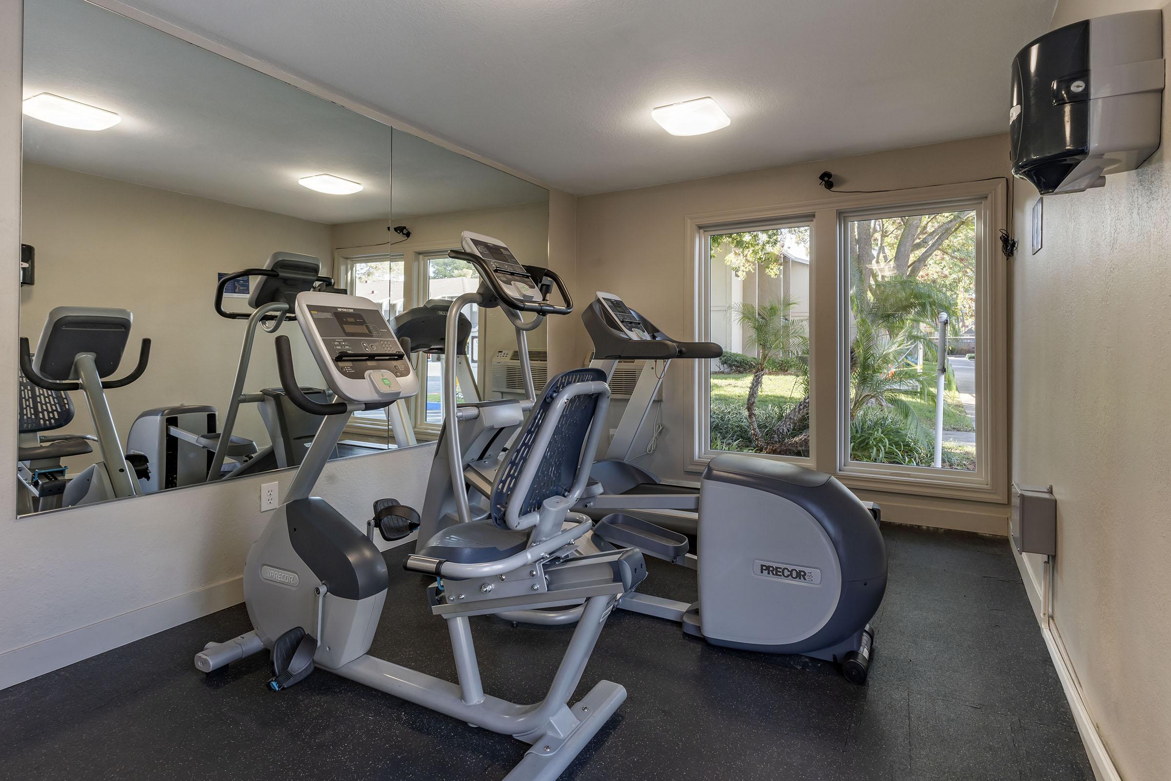 A small gym area featuring various workout machines, including an elliptical and a stationary bike. Large windows allow natural light to enter, creating a bright atmosphere. A mirror reflects the equipment, enhancing the sense of space. The floor is carpeted with a dark material.