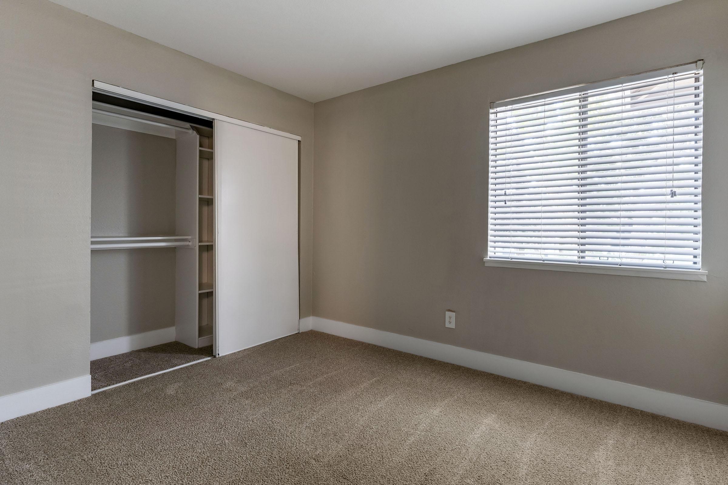 A vacant room with light gray walls and soft carpet. On the left, there is a sliding door closet with shelves visible inside. A window on the right has white blinds, allowing natural light to enter the space. The overall atmosphere is clean and minimalistic, suitable for various purposes.