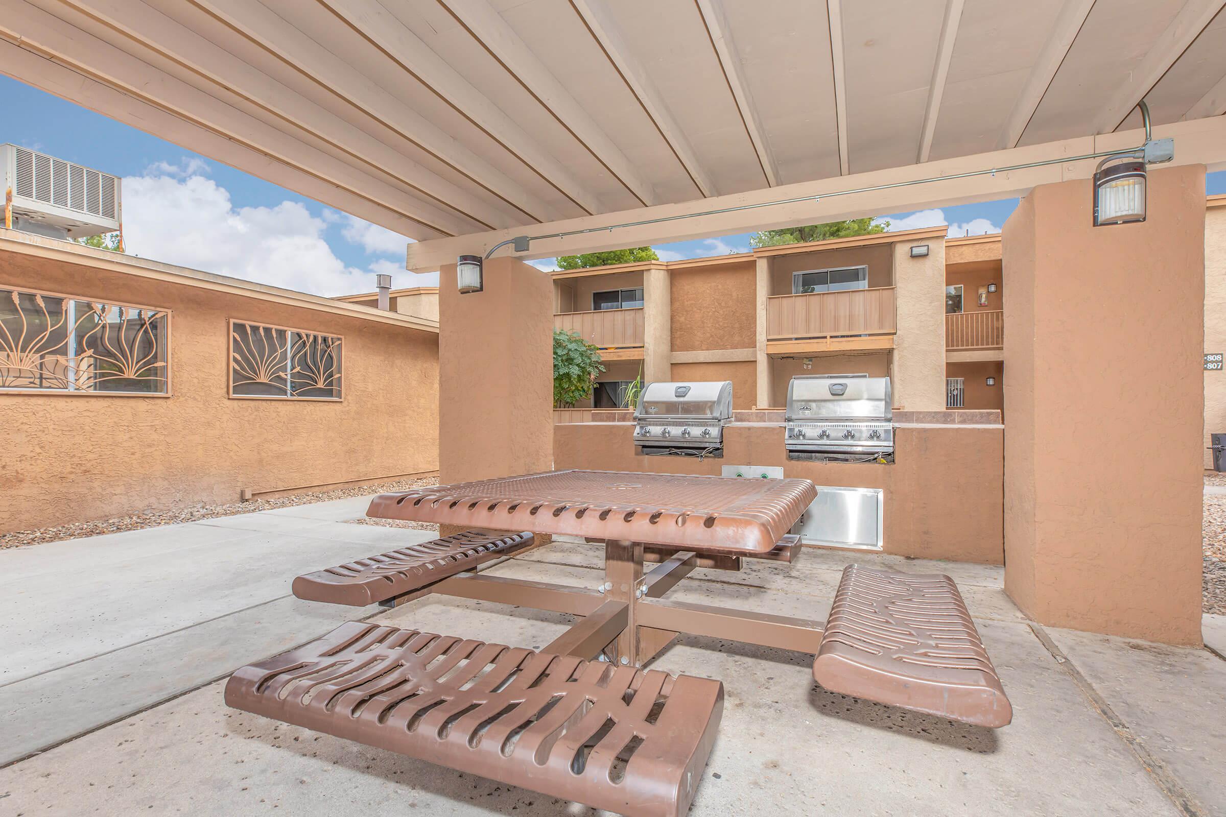 a bench in front of a building