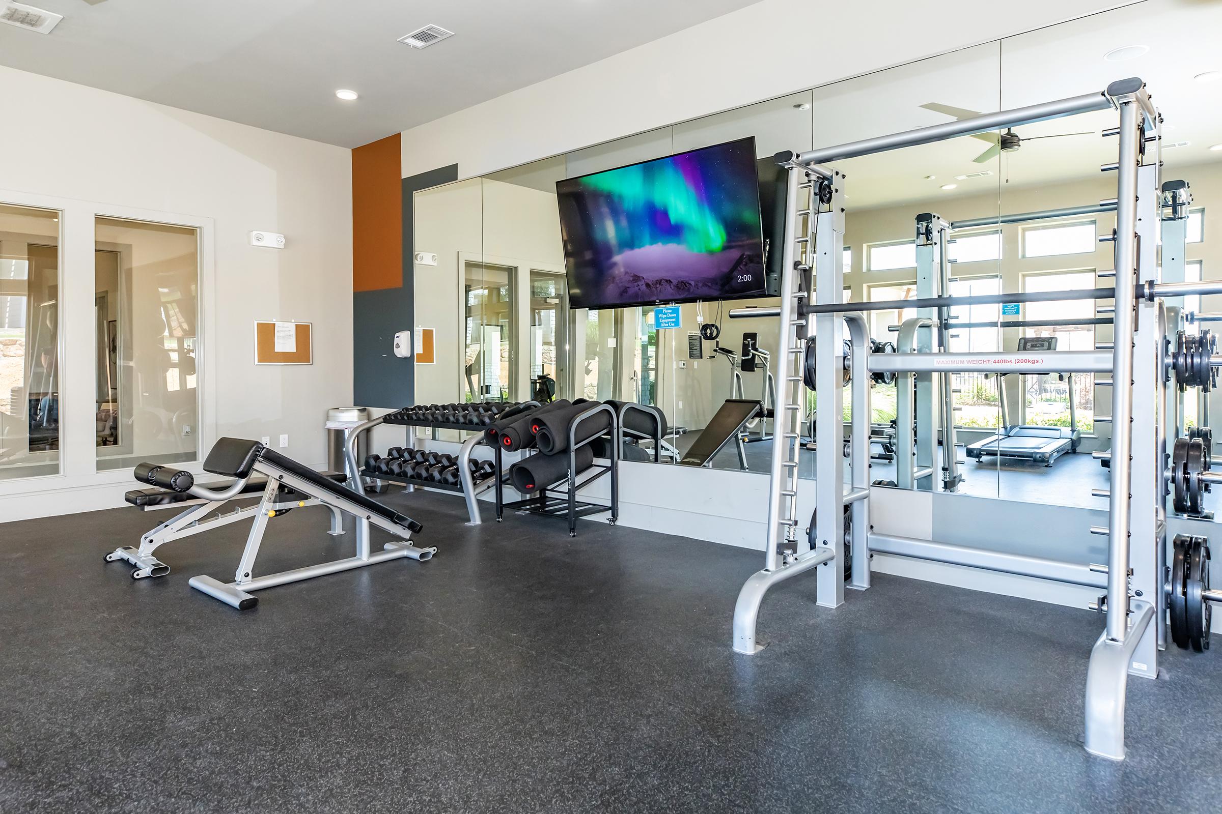 A modern gym interior featuring various workout equipment, including a weight bench, a multi-functional weight machine, and free weights. Large mirrors line the walls, and a flat-screen TV displays a scenic image. Natural light enters through large windows, creating an inviting workout environment.