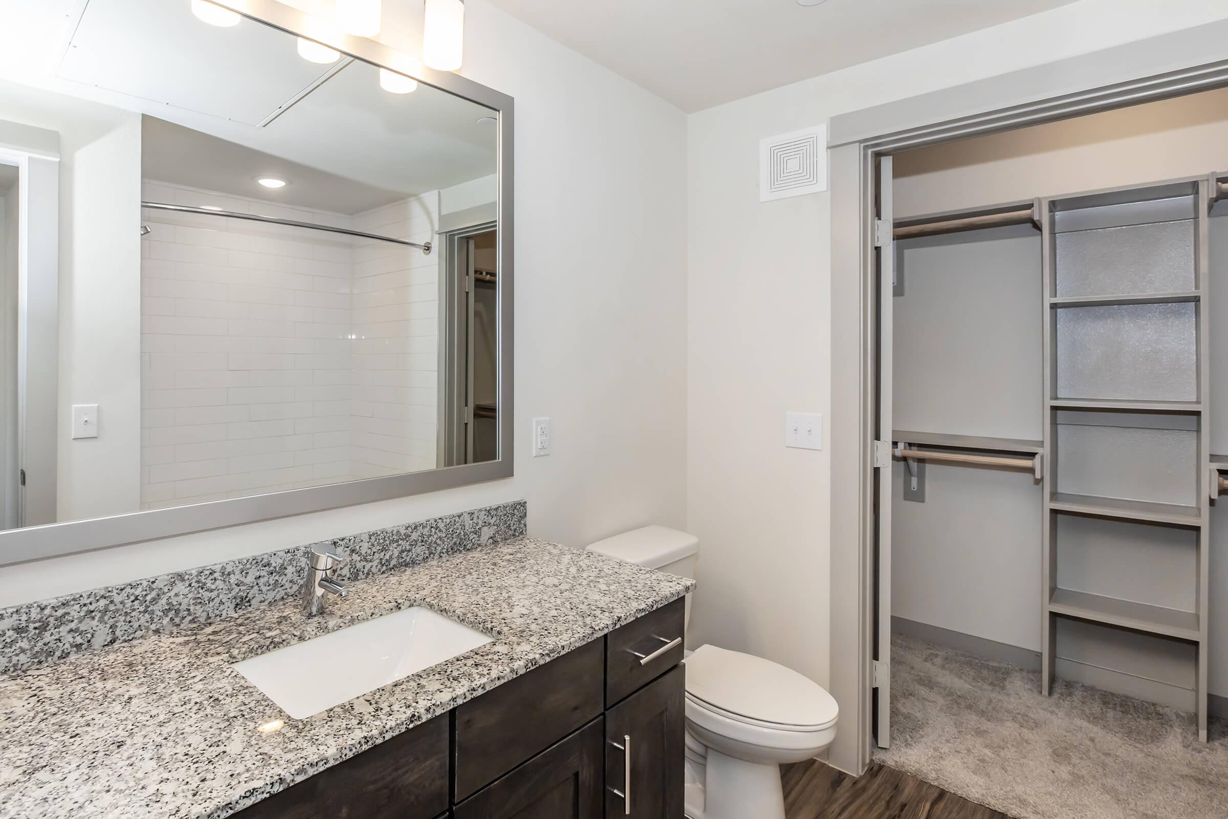 Modern bathroom featuring a large mirror above a granite countertop with a sink. The design includes a white toilet and a glass shower with light-colored tile. Adjacent is a spacious closet with open shelving, showcasing organized storage options. The walls are painted in a soft hue, enhancing the contemporary look.