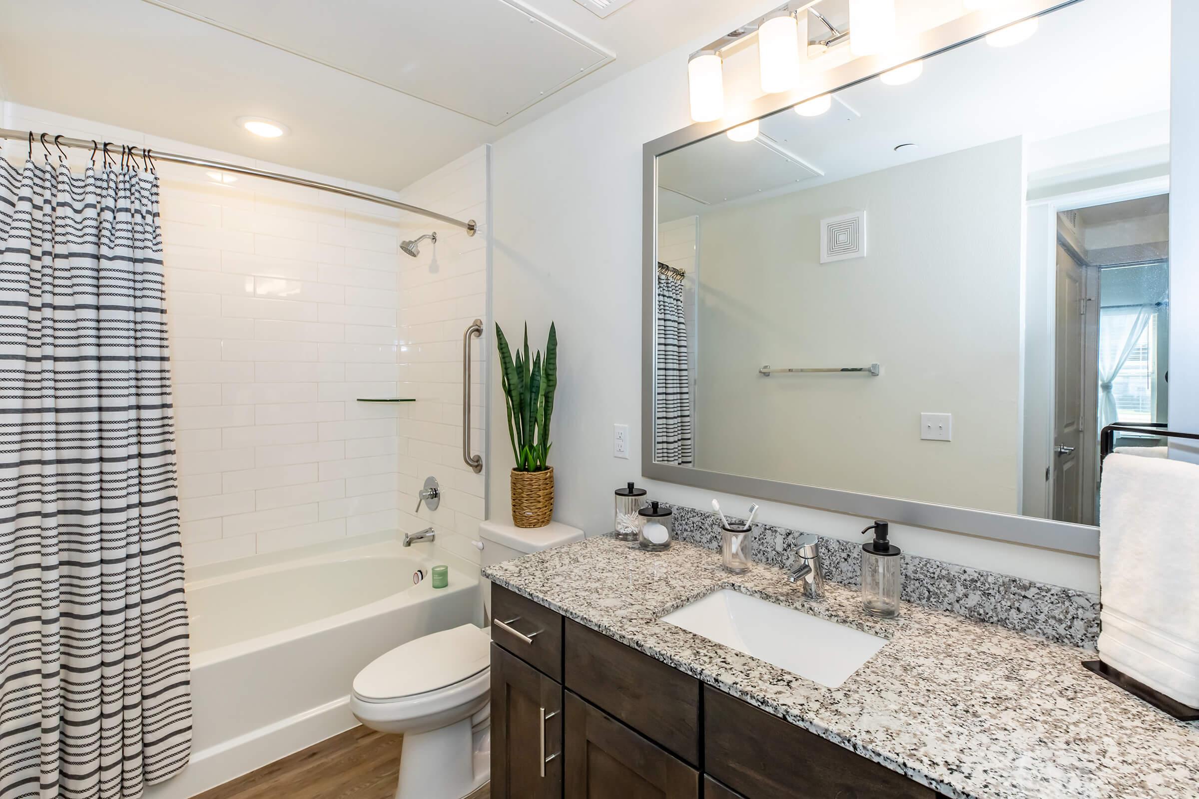 A modern bathroom featuring a white tiled shower with a glass barrier, a bathtub, and a sleek double-sink vanity with granite countertops. There are dark wood cabinetry, a large mirror with lights above, and a potted plant on the countertop. A striped shower curtain adds a decorative touch.