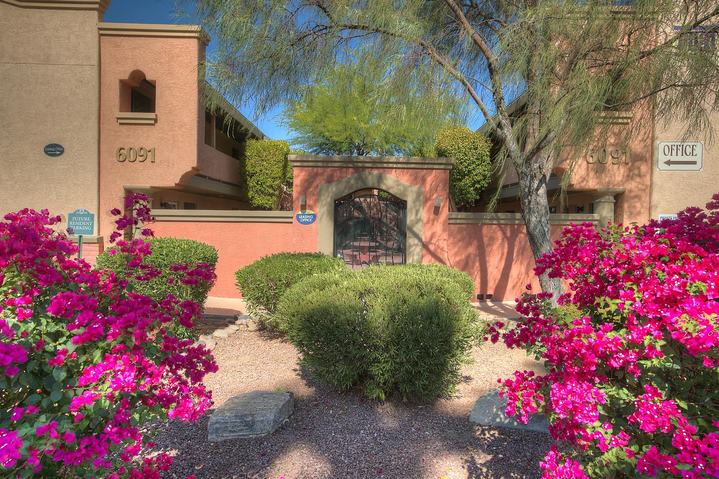 a colorful flower garden in front of a building