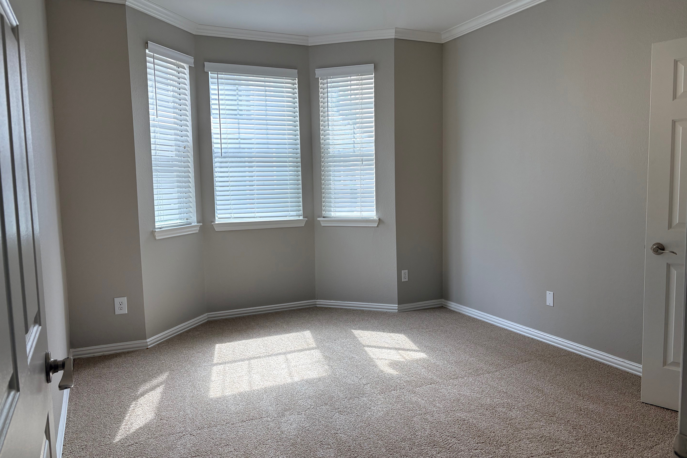 Empty room with light beige carpet and gray walls. Three windows with white blinds let in natural light, creating shadows on the floor. A closed door is visible on the left side of the image. The space appears clean and ready for furnishings.