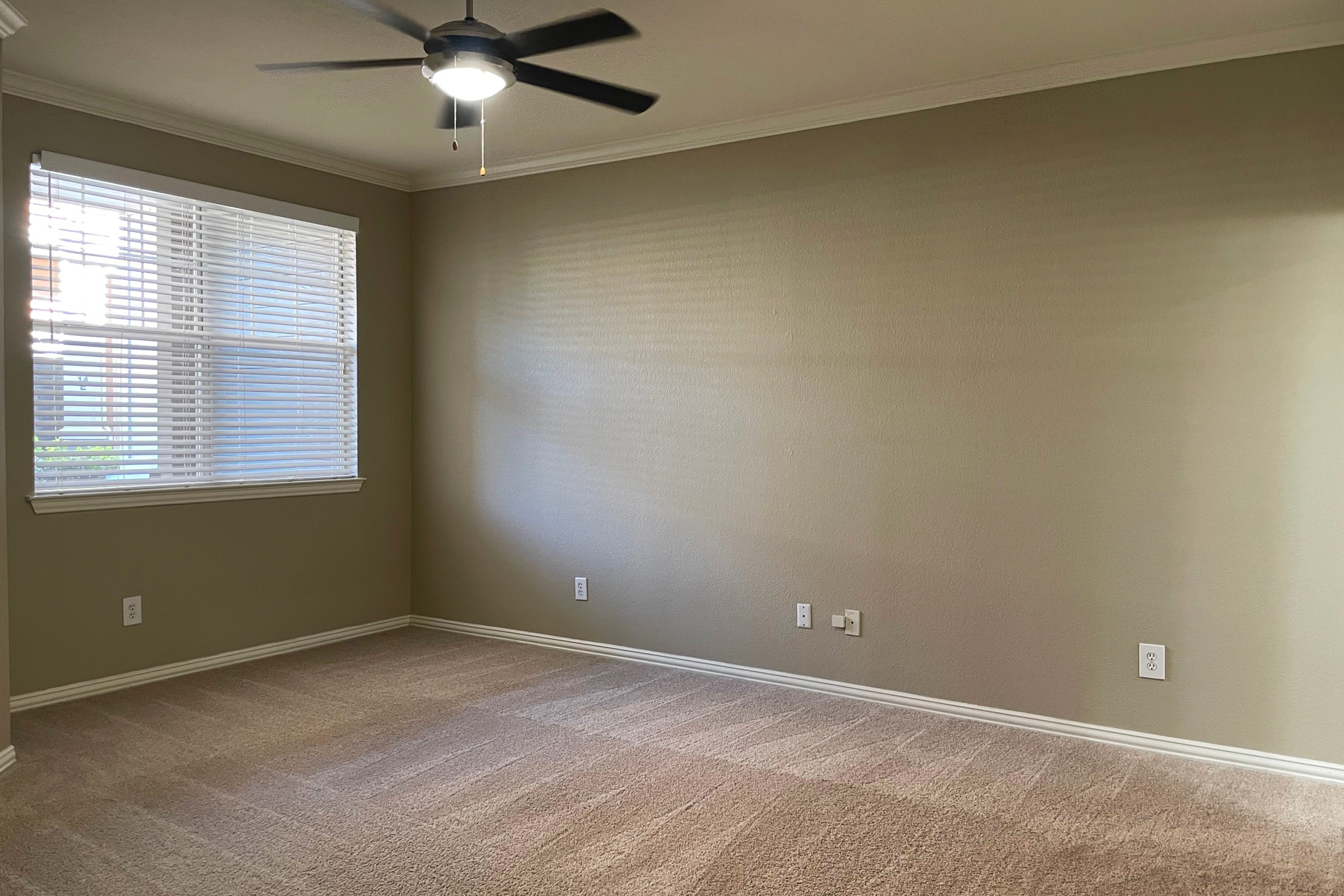 A well-lit, empty room with light beige walls and a textured beige carpet. There is a ceiling fan with a light fixture. The window features white blinds, allowing natural light to enter. There are a few electrical outlets on the wall, and the overall atmosphere is clean and inviting.