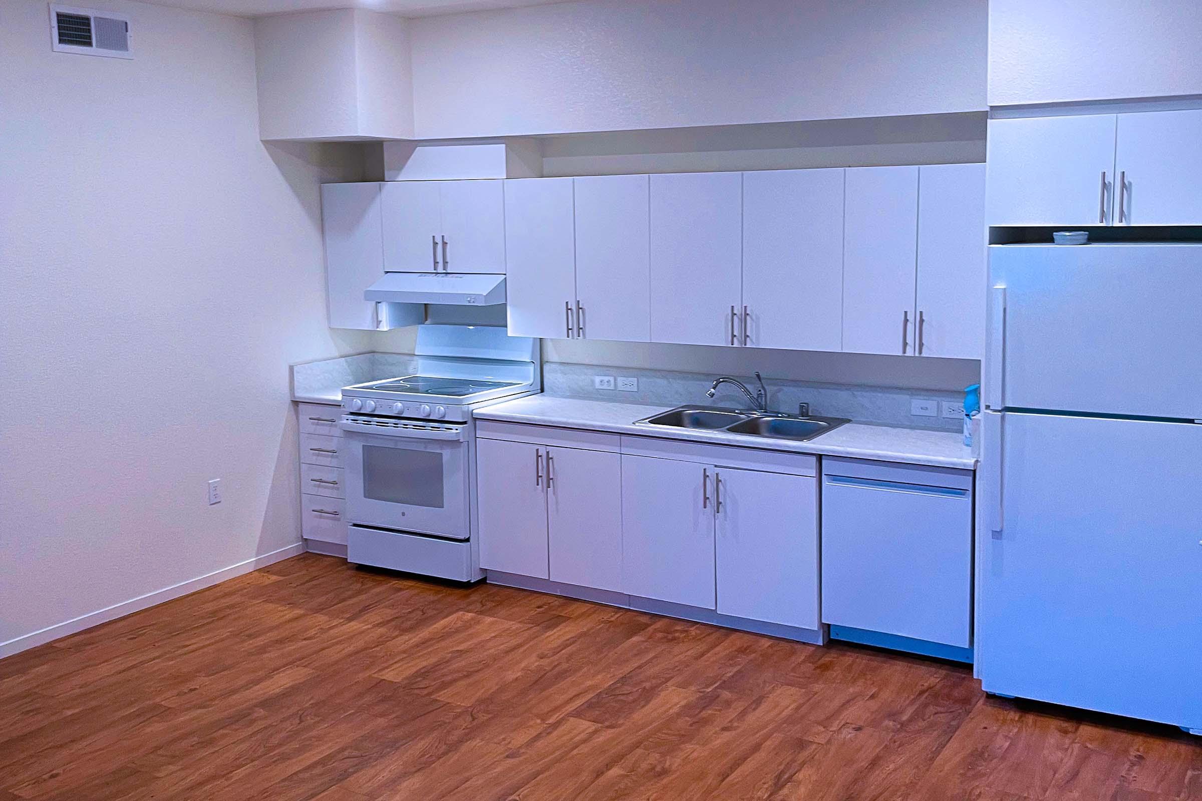 A modern kitchen featuring white cabinetry, a silver stove, an exhaust hood, a double sink, and a white refrigerator. The floor is made of wood laminate, and the walls are painted in a light color, creating a spacious and clean look.