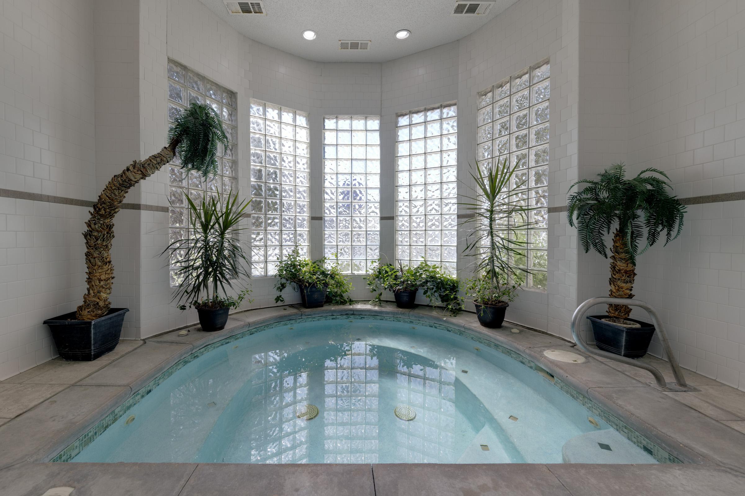 A cozy indoor spa area featuring a small, circular hot tub surrounded by large glass block windows, allowing natural light to filter in. Potted plants, including palms, are strategically placed around the tub, creating a relaxing and serene atmosphere.