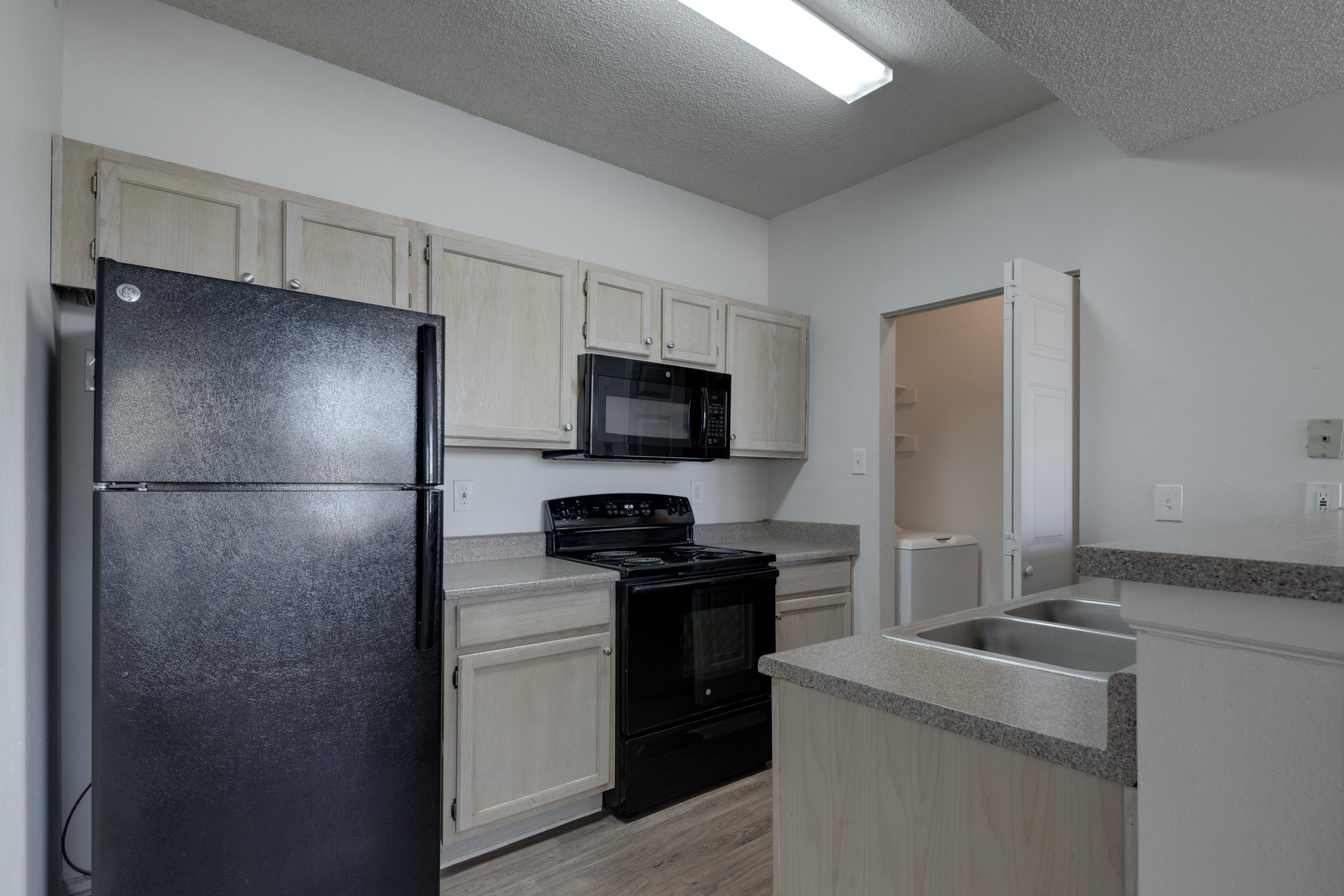 Modern kitchen featuring light wood cabinetry, a black refrigerator, microwave, and stove. The countertop is grey with a double sink. A door leads to another room, with overhead fluorescent lighting illuminating the space. The floor is a light wood finish.
