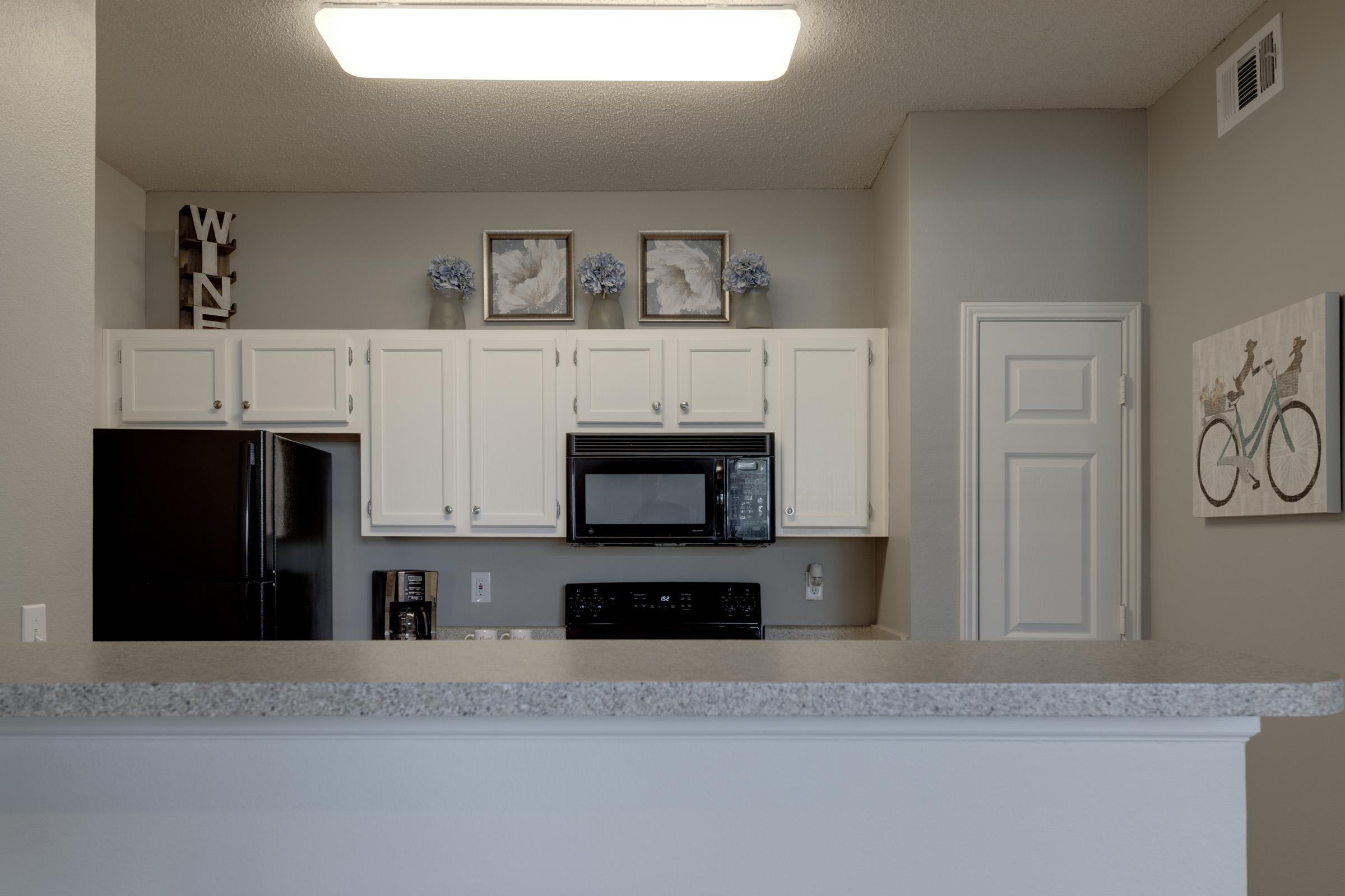 A modern kitchen featuring white cabinets, a black refrigerator, and a built-in microwave. The counter is made of a light granite surface. Wall decor includes framed artwork of birds and a bicycle, adding a decorative touch. Well-lit with a ceiling fixture, the space feels open and inviting.