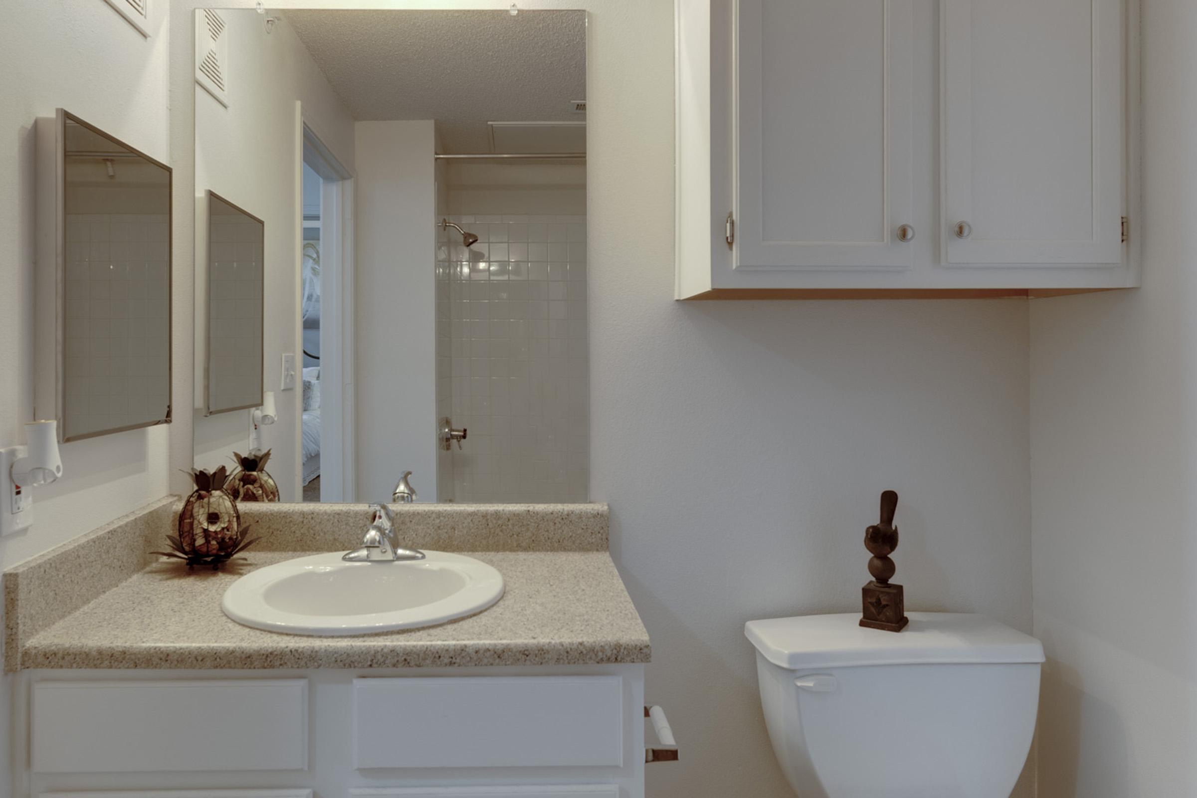 A clean bathroom featuring a sink with a faucet, a mirror above the sink, a light-colored countertop, a toilet, and a decorative item on the counter. The room has a minimalistic design with light walls and cabinets, and a shower area visible in the background.