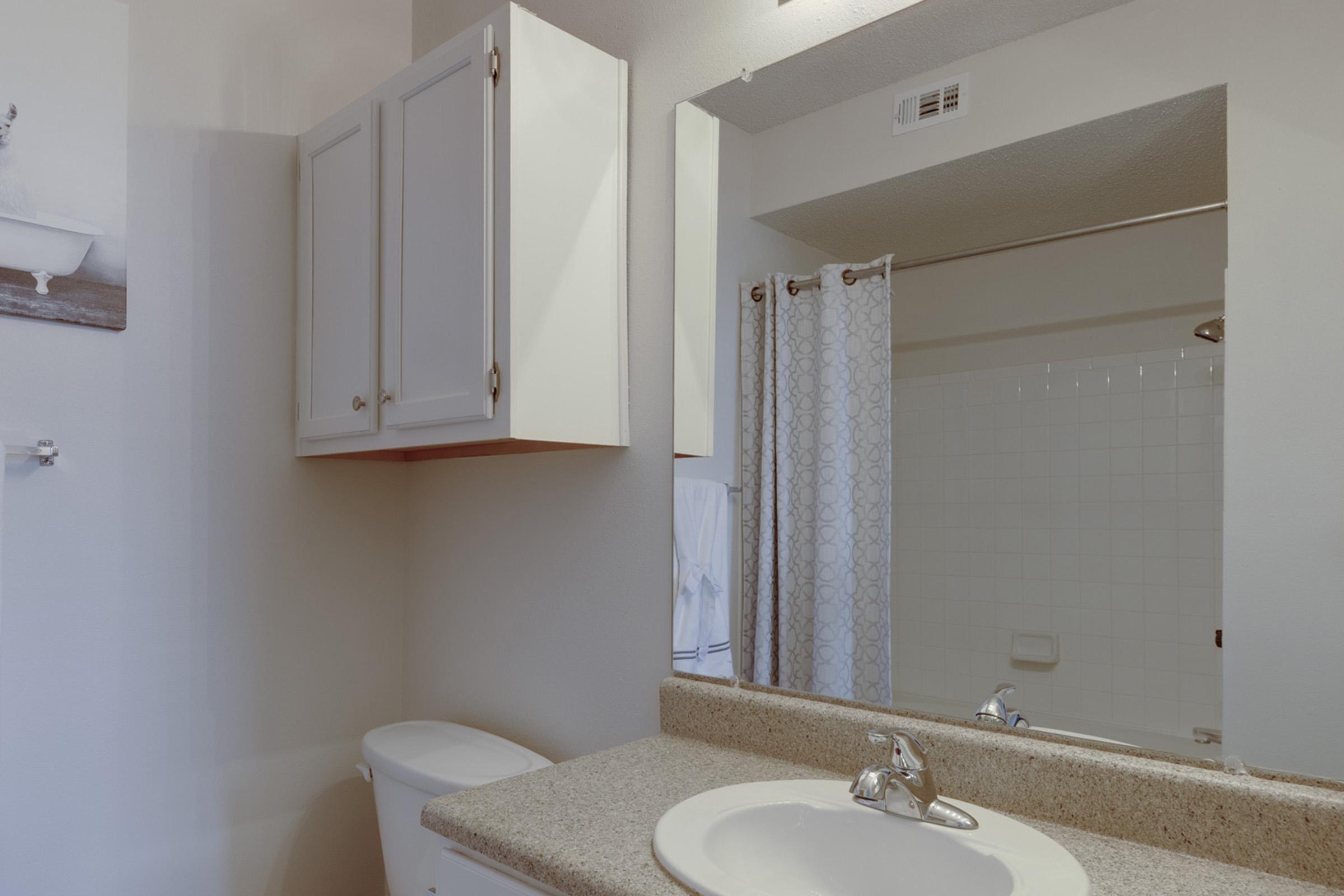 A clean bathroom featuring a countertop sink, white cabinetry, a mirror, and a shower curtain. The walls are painted neutrally and there’s a toilet in the corner. The light fixtures are simple, and the overall decor is minimalistic and tidy.