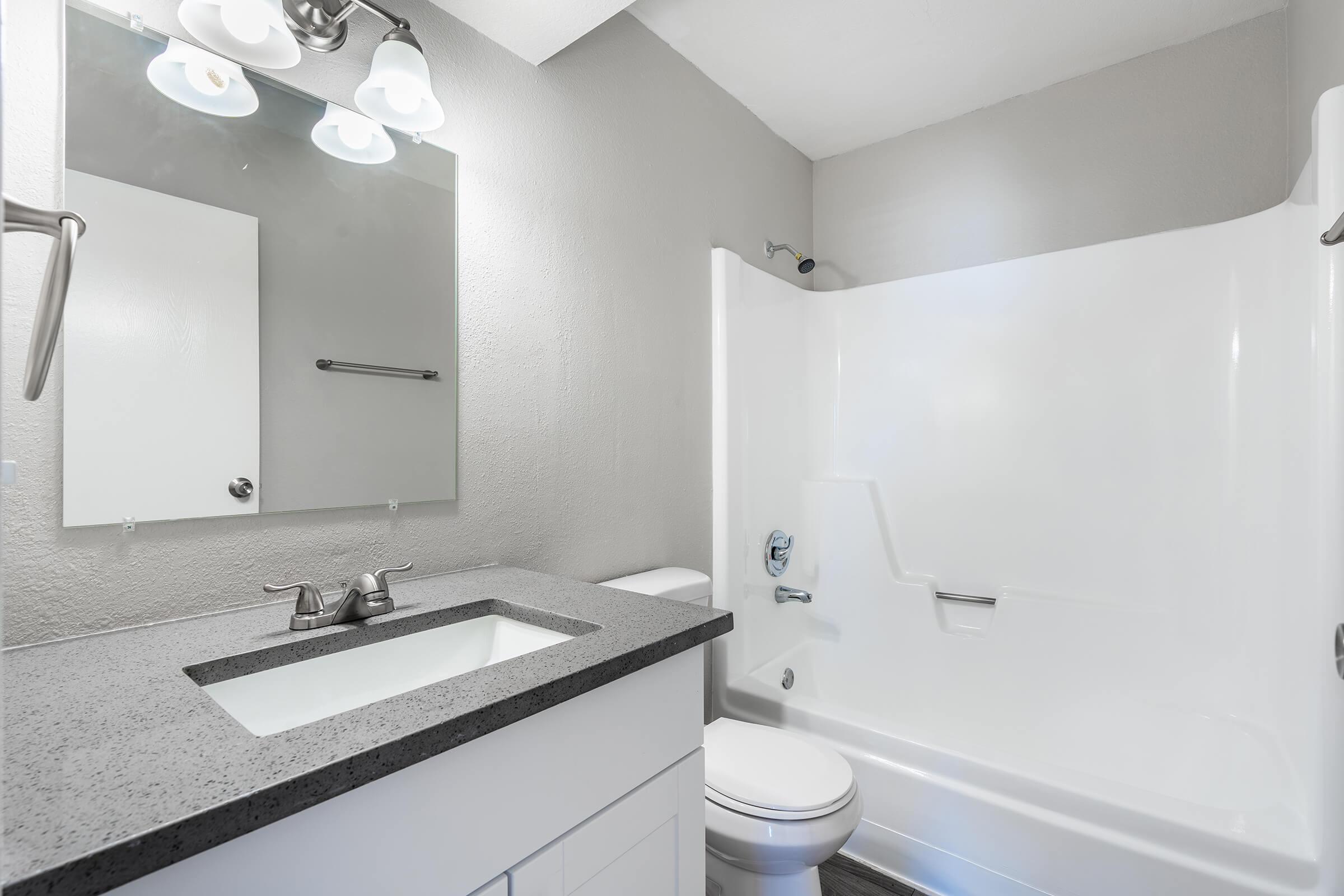 Renovated bathroom with large shower, toilet, and granite vanity sink countertop