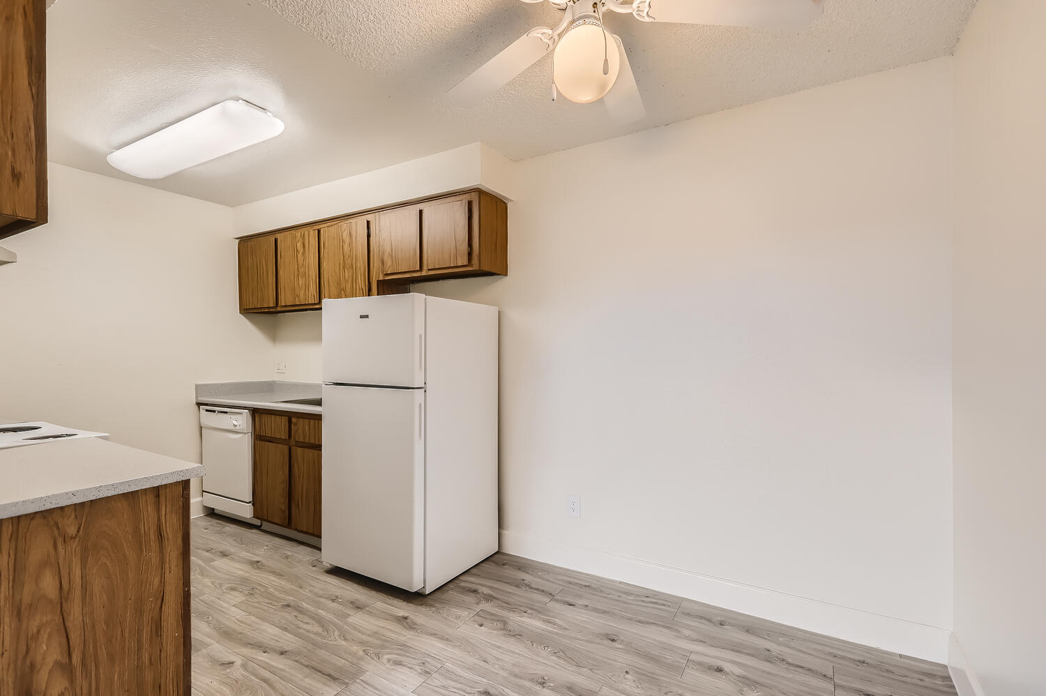 a kitchen with a sink and a refrigerator