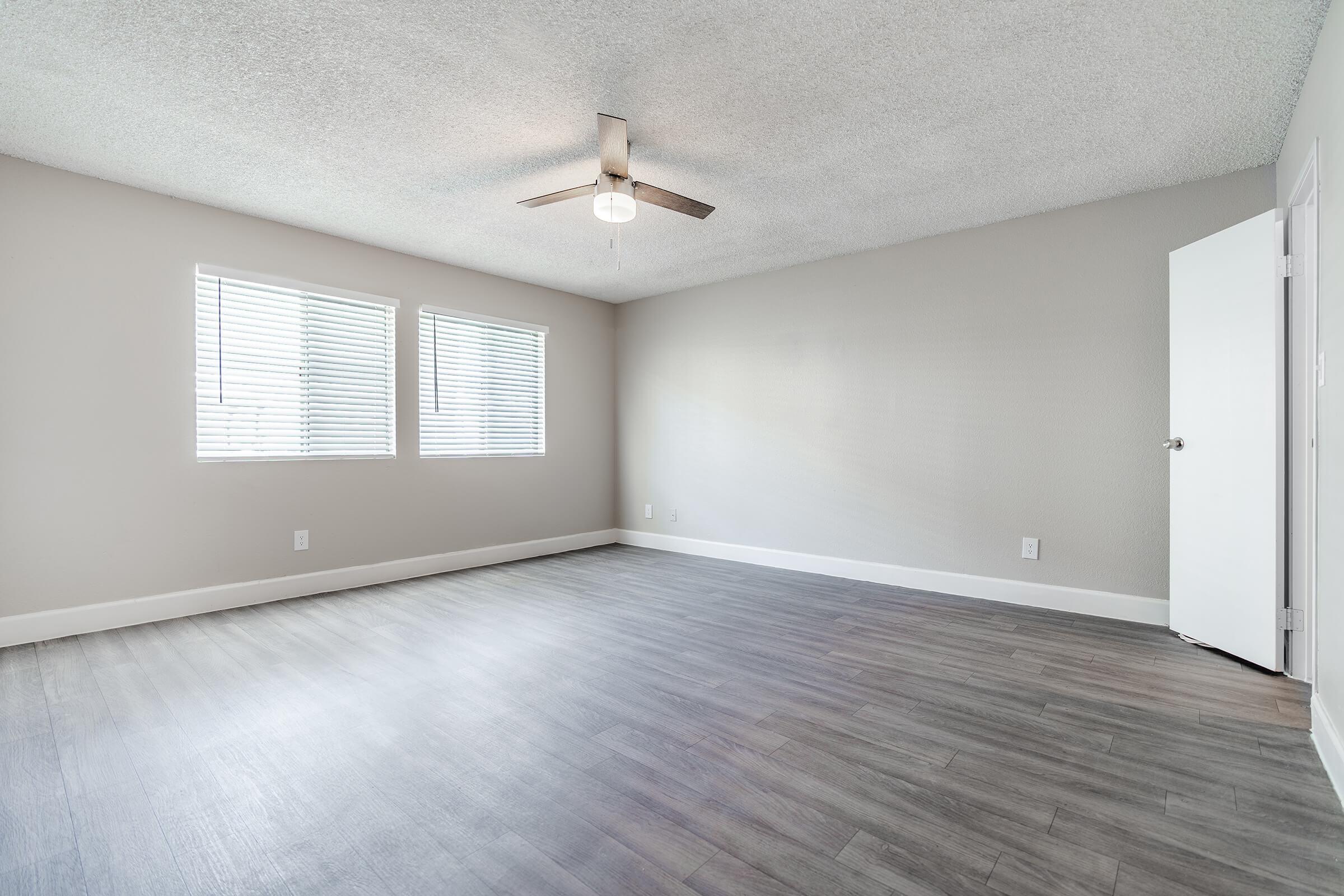 Large bedroom with two windows and ceiling fan