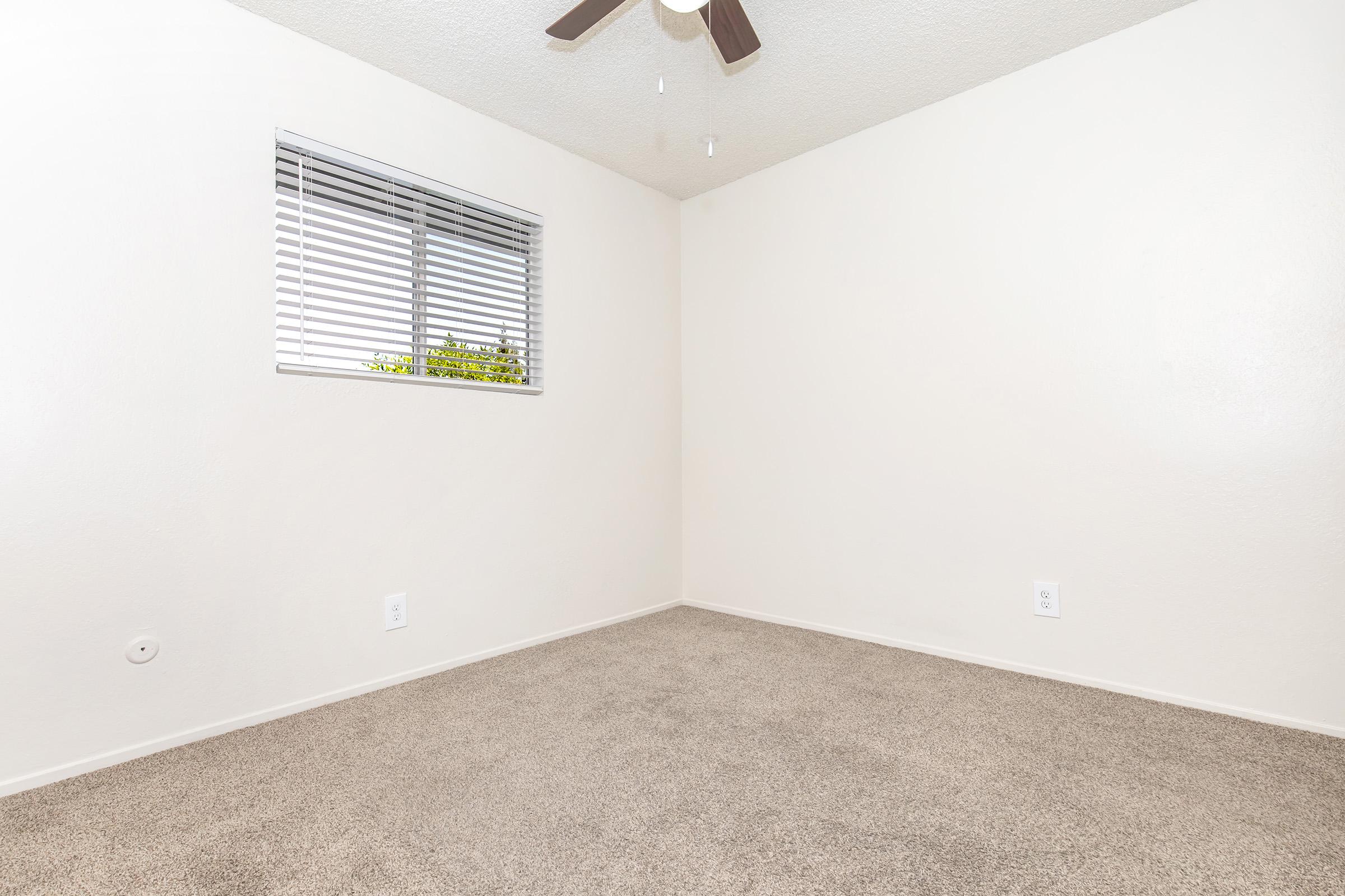 Empty room with beige carpet, white walls, and a small window with blinds. A ceiling fan is visible, and there are no visible furnishings or decorations. The lighting is bright and natural, coming in through the window.